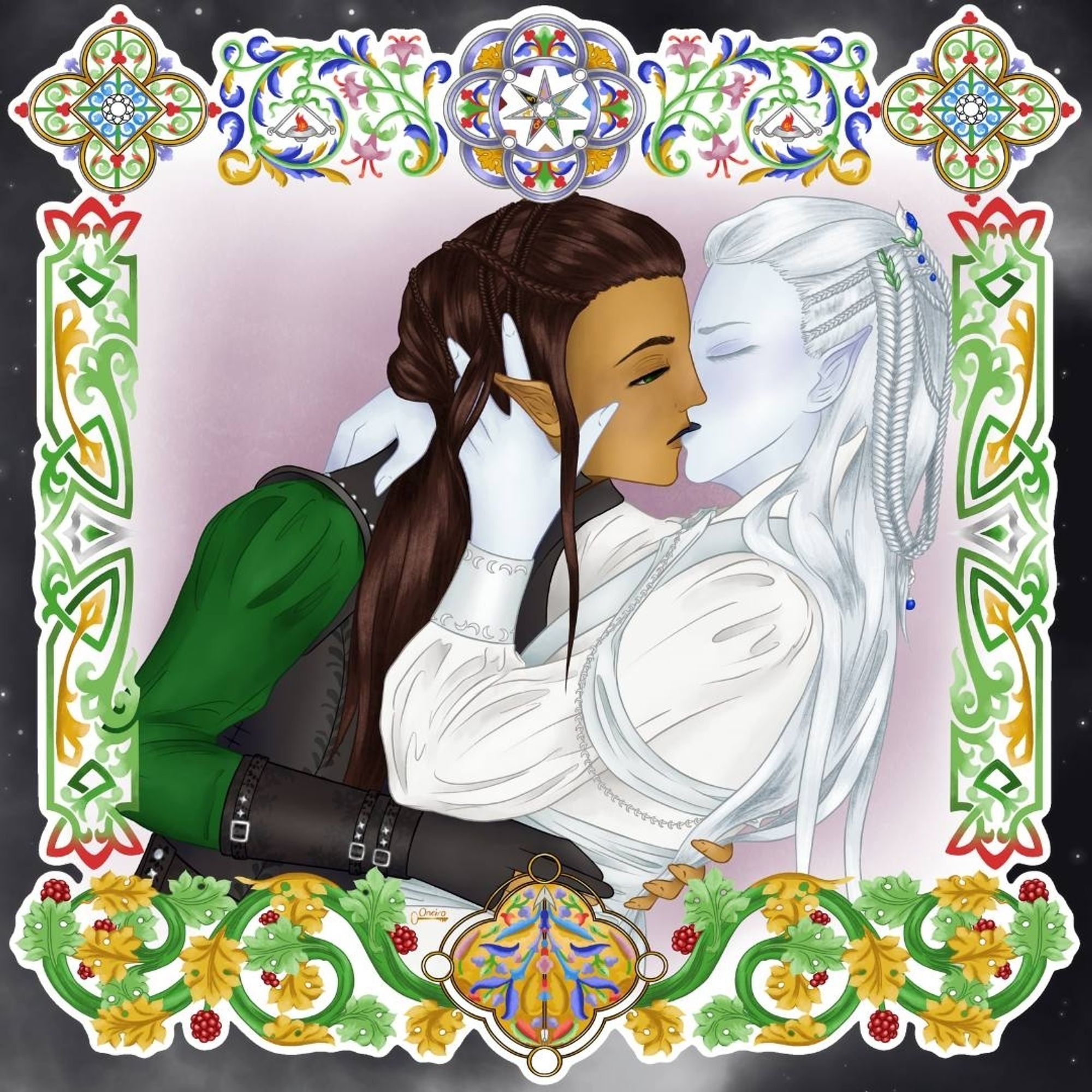 Original illustration of main characters from my novel, Raven and the Radiant Star, based on DnD. Two fancy elves embrace passionately in a kiss. The wood elf on the left has tan skin, long brown hair partially pulled back in simple braids. He wears a green long sleeve tunic, a black doublet, and black bracers. The moon elf on the right has pale blue white skin and long silvery white hair pulled back with intricate braids. He wears ornate layers of white clothes. Around them is a medieval motif border.