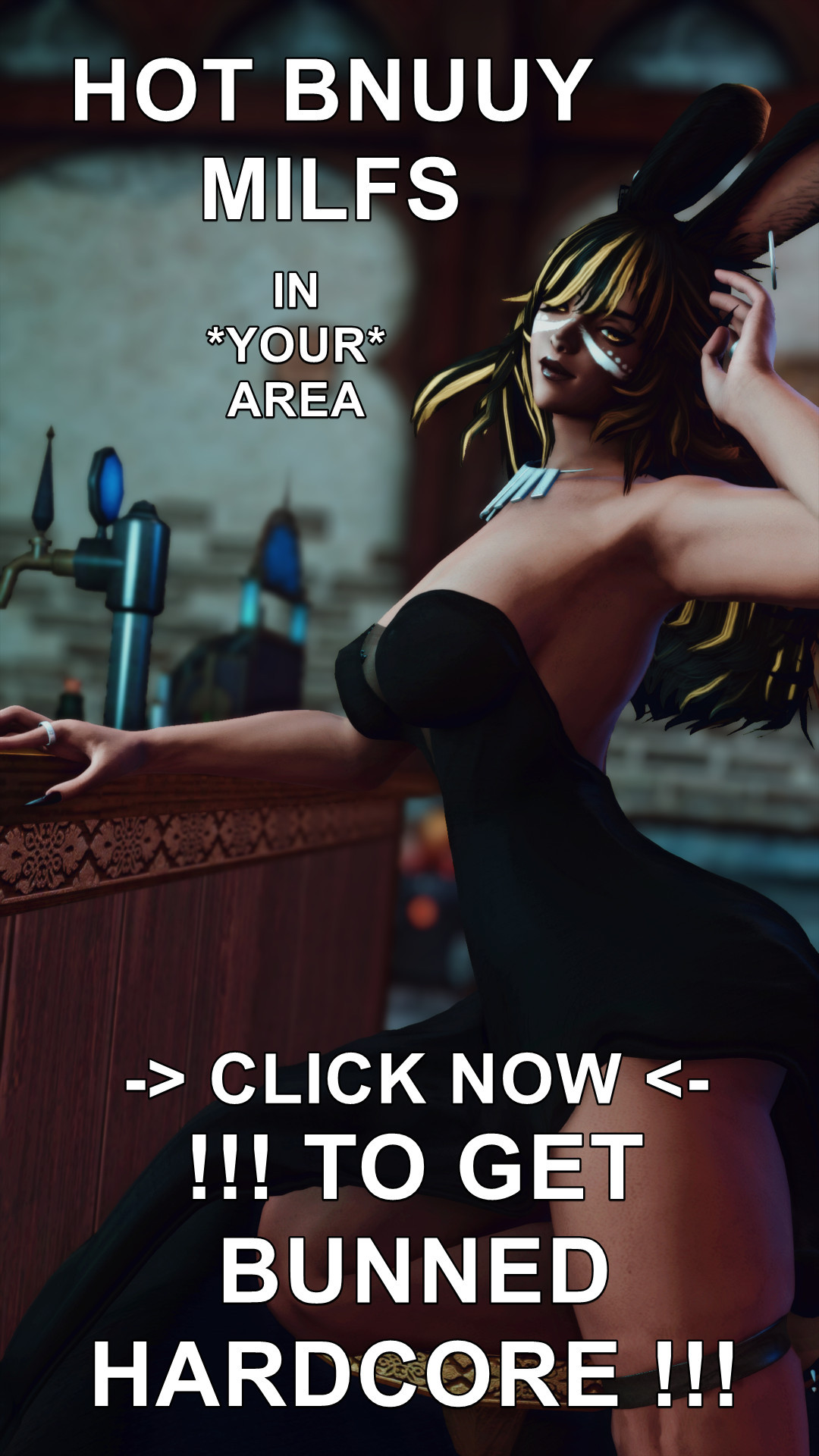 A Viera woman poses seductively at the bar, overlaid by fake advertisement clickbait. A parody that implores you to click in order to meet eligible single mothers in your general vicinity, with the implication that you will receive a vigorous pounding from this woman upon interacting with this post.