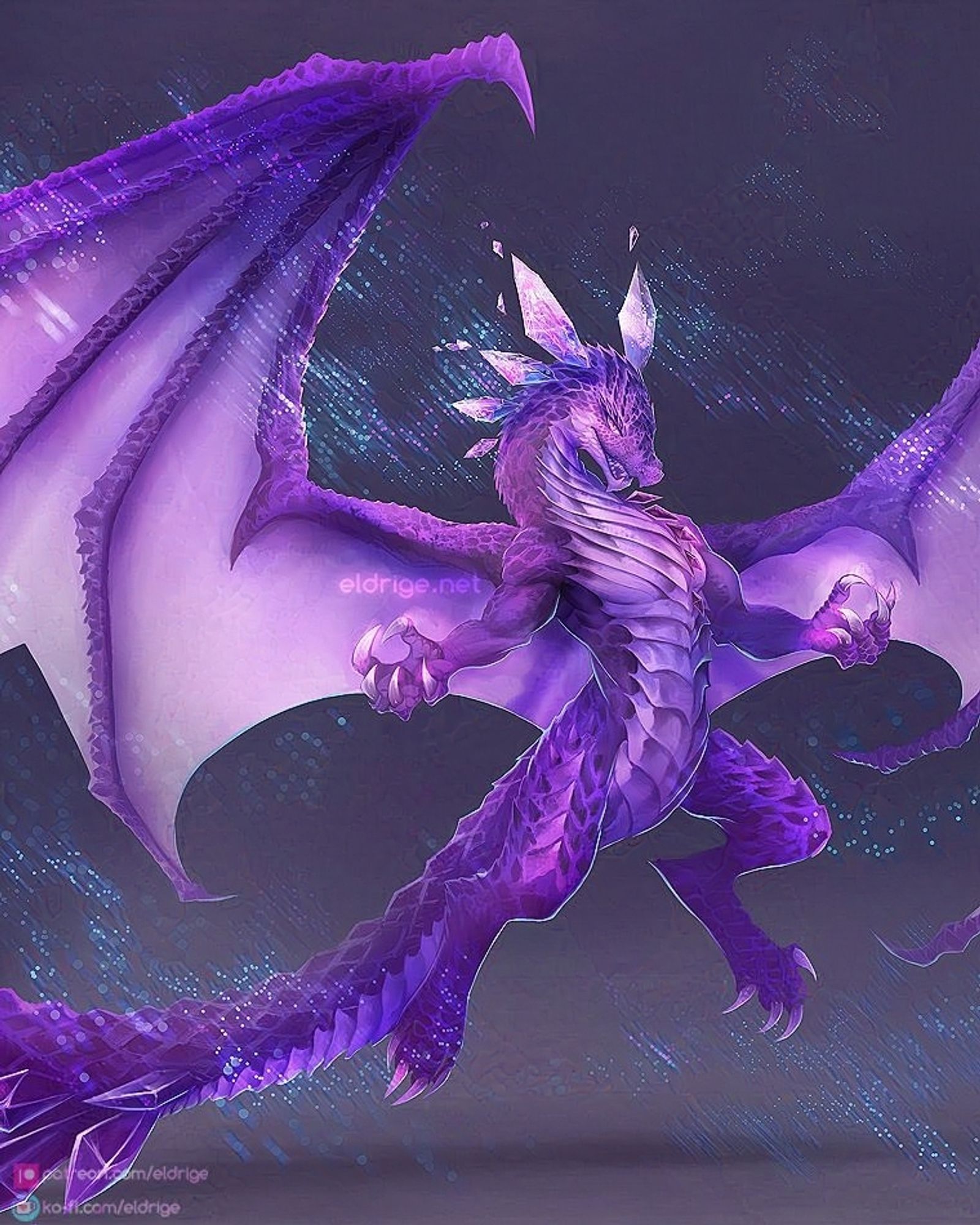 Digital painting by eldrige. It is a cropped painting of a purple Amethyst dragon from Dungeons and Dragons. The Amethyst dragon is surrounded by shimmering particles glinting in the light reflected by the dragon's crystalline scales.