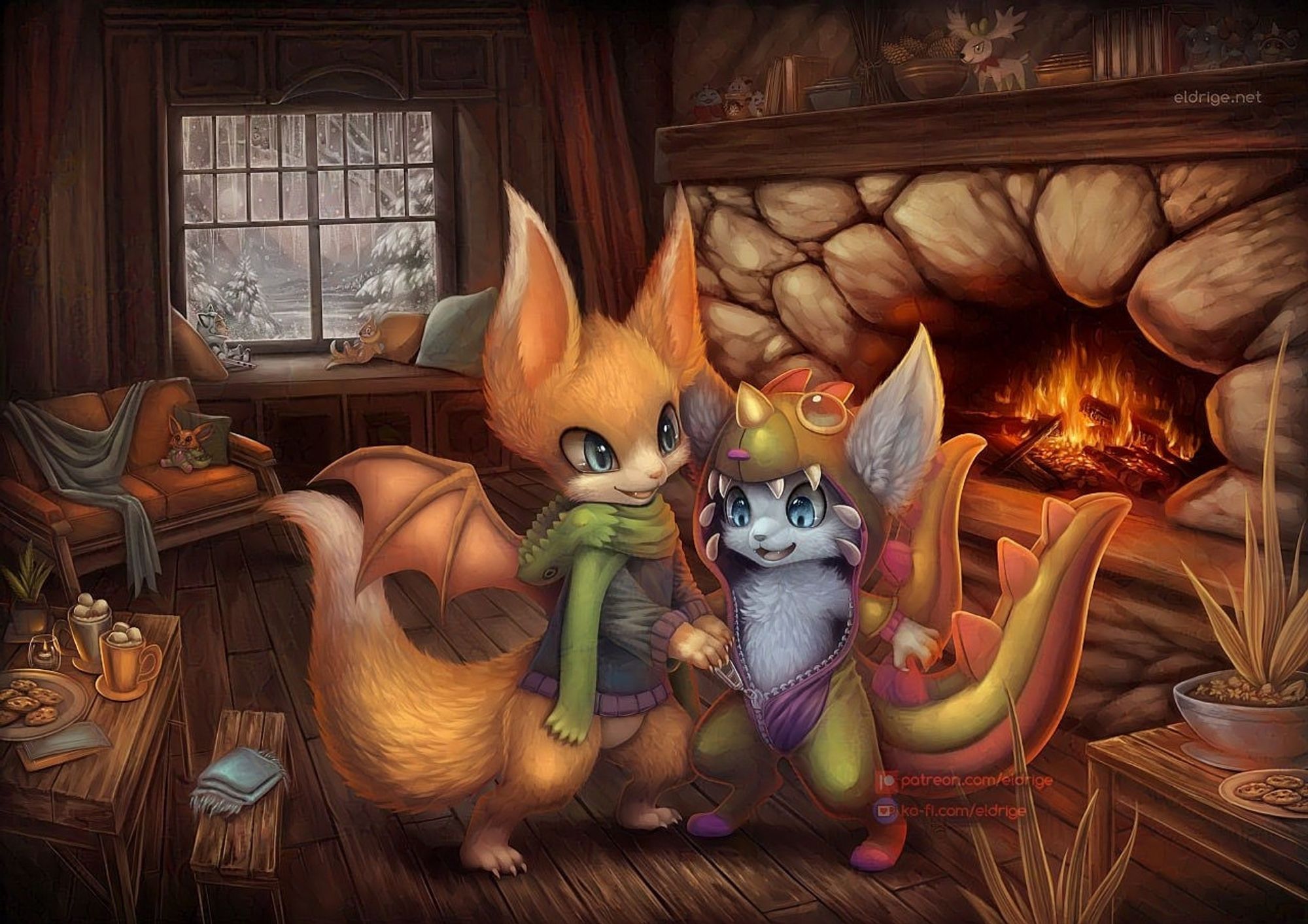 Digital painting by eldrige. An illustrated scene depicting two kemono anthro characters. The scene is inside a cozy wood cabin. A window showing an outside forest blanketed in snow is visible. The two characters stand in front of a warm hearth, a blazing fireplace illuminating the space in its warm glow.