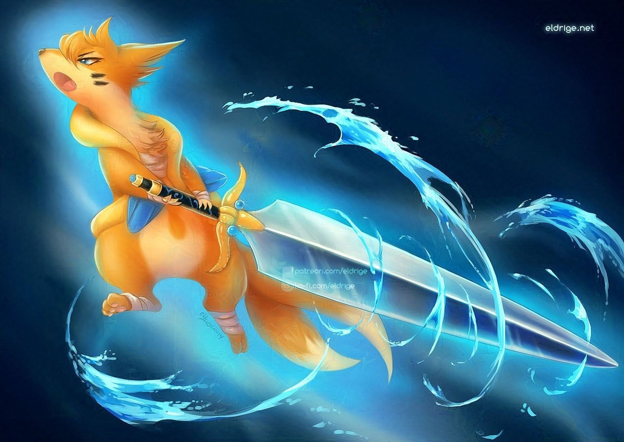 Digital painting of the Pokemon, Floatzel, painted by eldrige. She is wielding an oversized, claymore-like sword. Swirls of water surround the blade. She is in an attack pose.