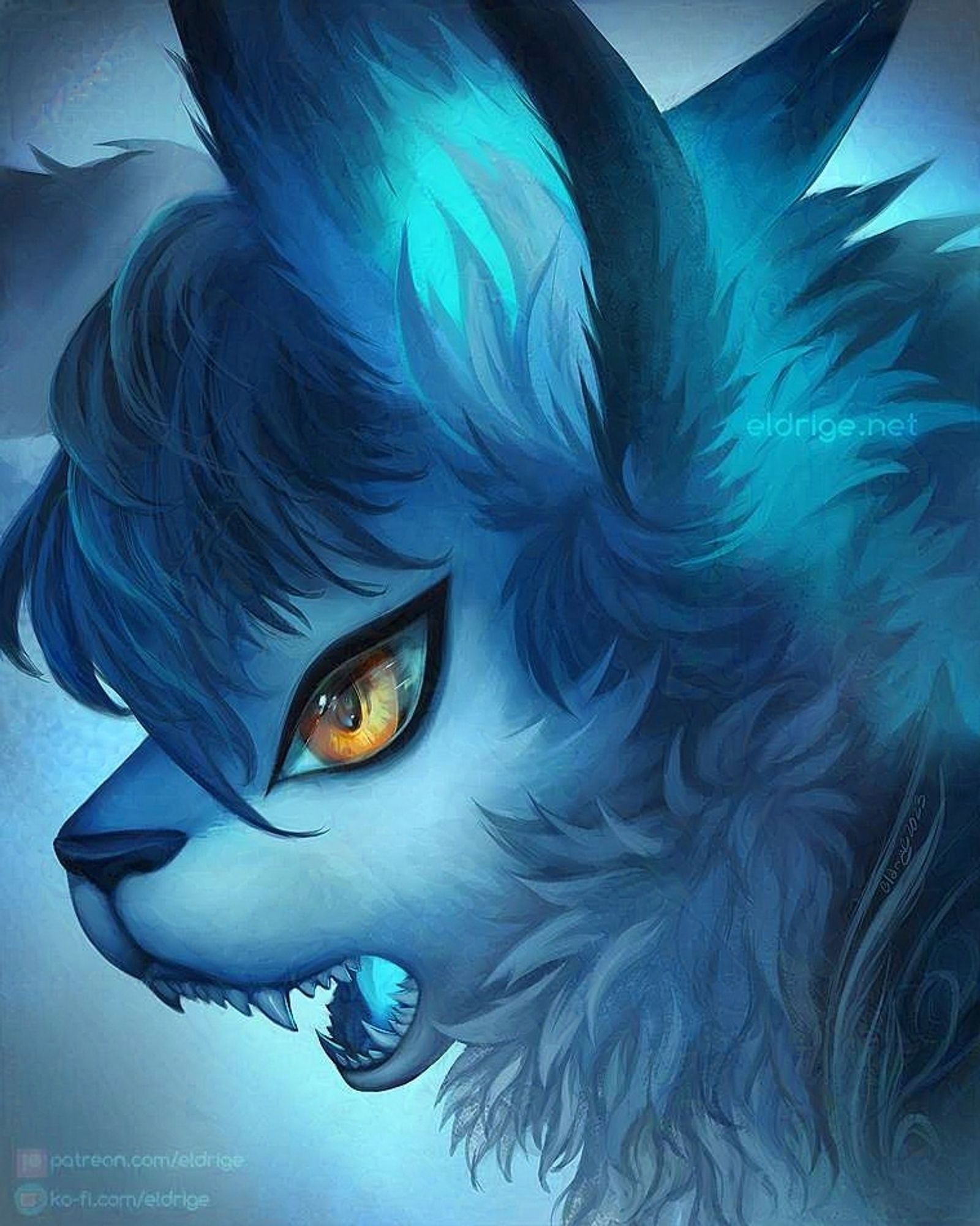 Digital painting by eldrige. An anthropomorphic, vaguely canine creature has its jaws midway-opened. Perhaps in the midst of a shout, or maybe in the middle of talking. His fur is a pleasantly blue color. We can see tiny teeth within his open maw, with a faintly-glowing light-blue tongue within.