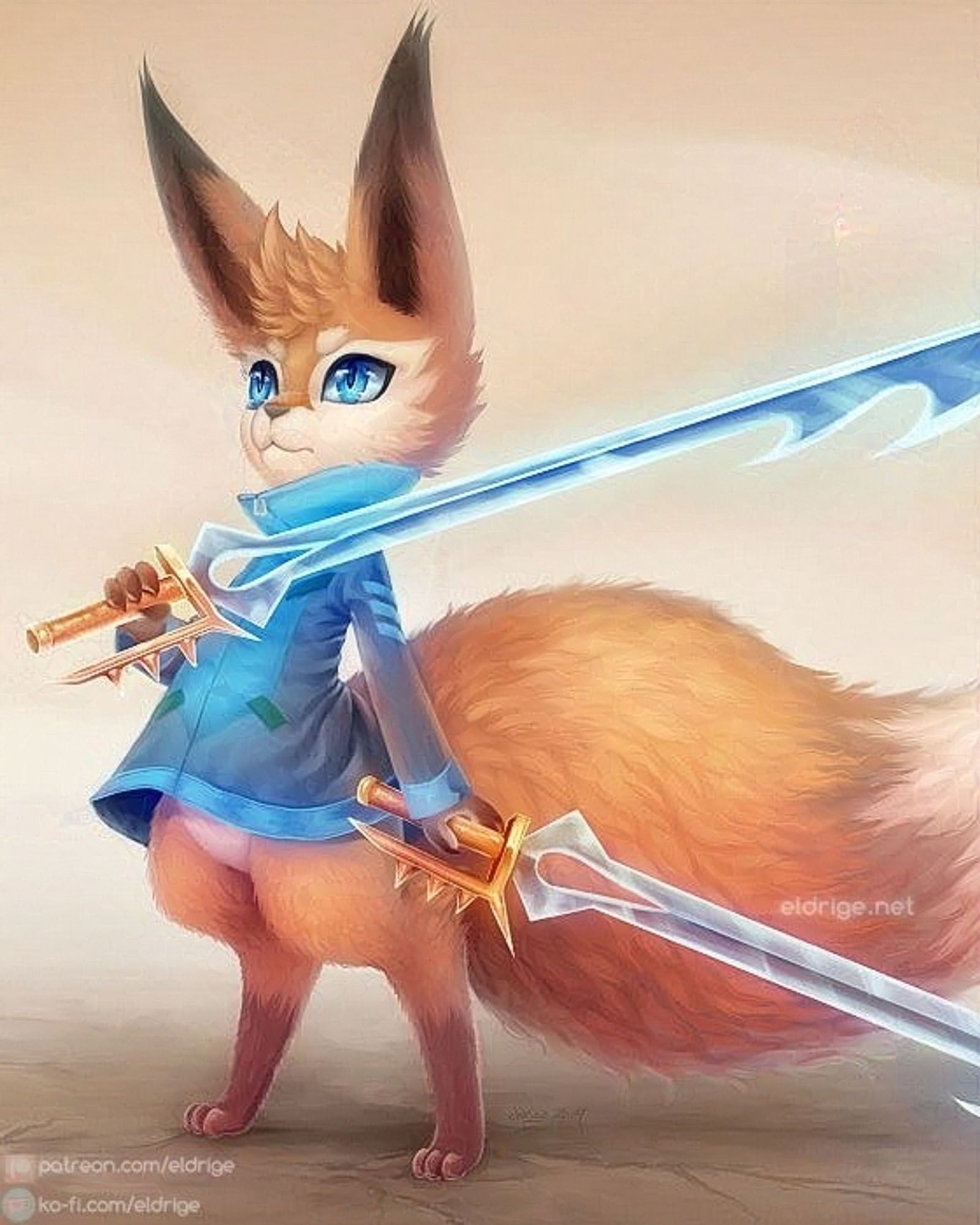 Digital painting by eldrige. A kemono vulpine character with light brown/sienna fur stands in a combat-pose. He wears a blue jack and wields due blades, which are oversized given his small stature.