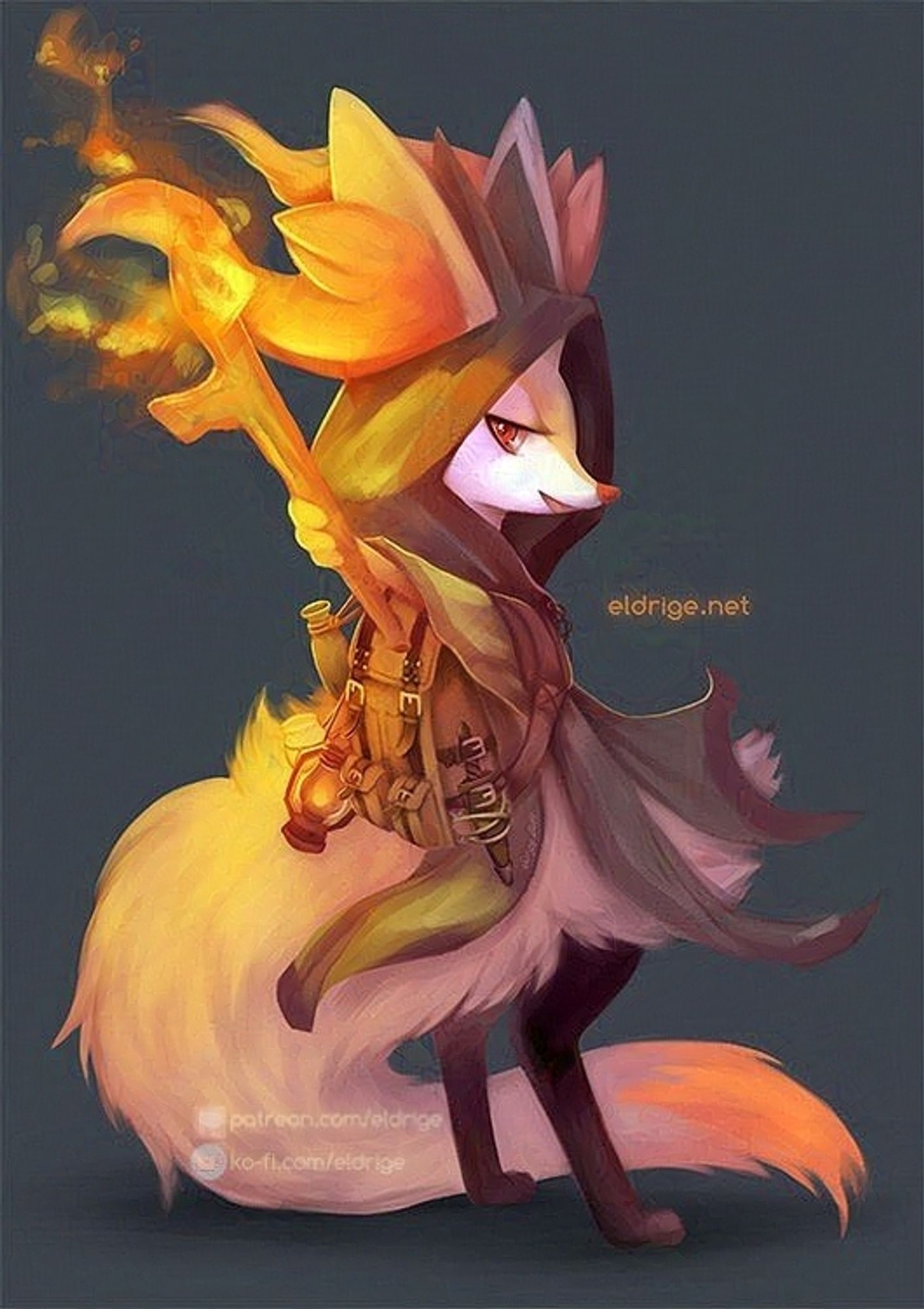 A digital painting of the Pokemon, Braixen, painted by eldrige. The Braixen wears a wilderness pack, and holds a flaming branch with one hand. He is wearing green cloak, and is illuminated by the fire of the branch.