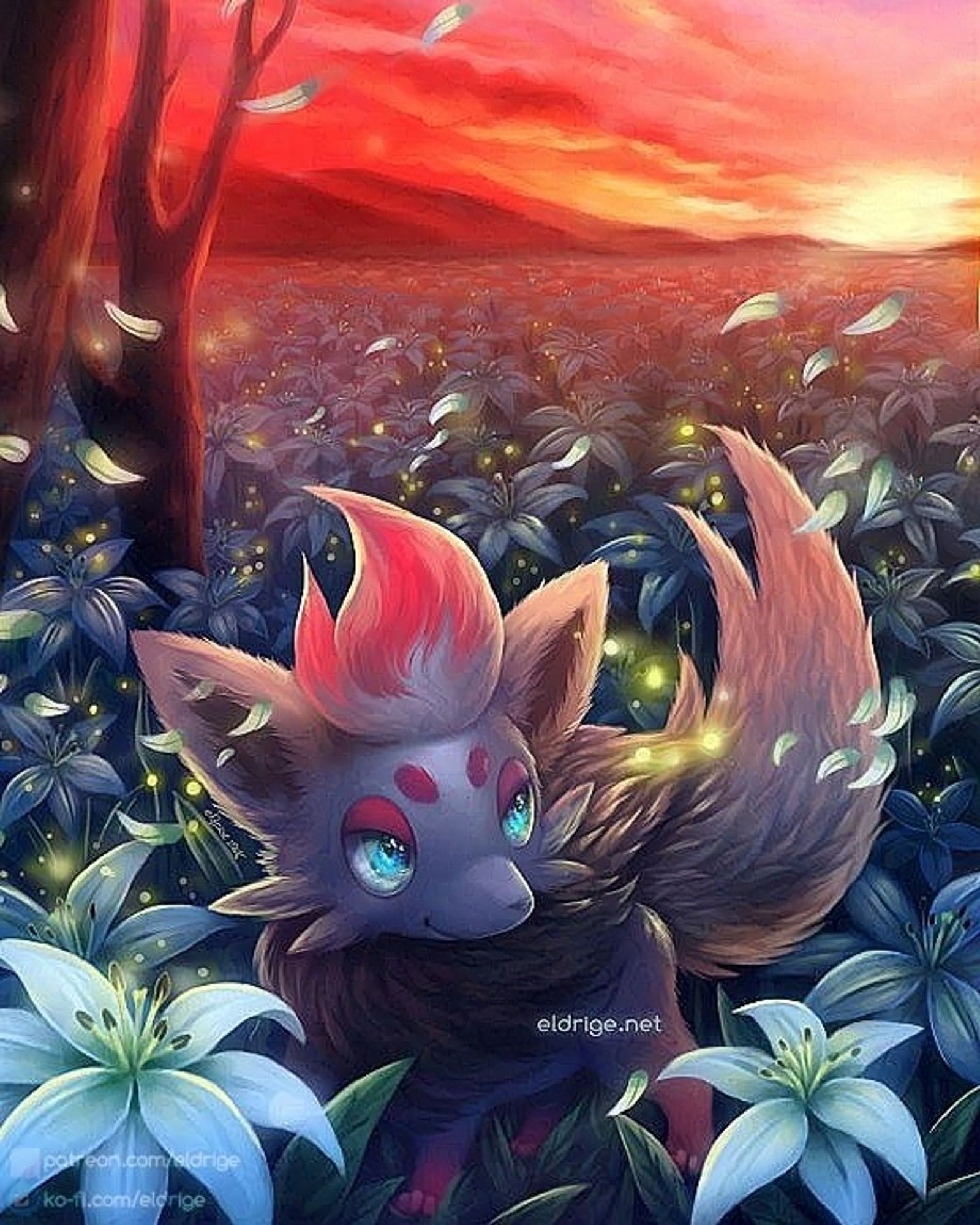 A cropped digital painting of the Pokemon, Zorua, painted by eldrige. Zorua stands in a field of white lillies. Petals sway in the wind. It is sunset, the field of lilies receding to the infinite horizon, cast in the light of dusk,