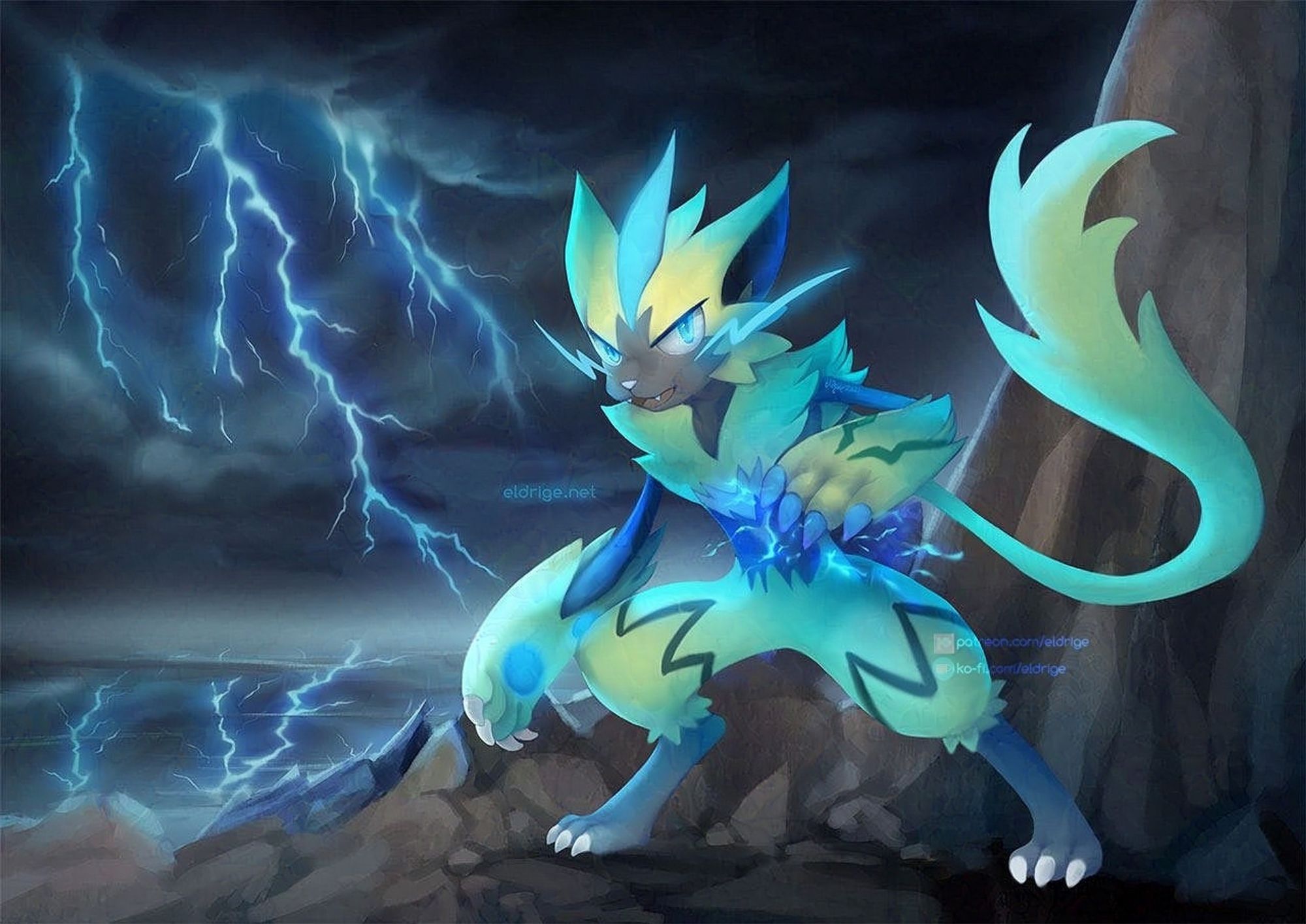 Digital painting of the Pokemon, Zeraora, painted by eldrige. The Zeraora is standing atop a cliffside as lightning strikes behind him. The lightning is reflected in the ocean below.