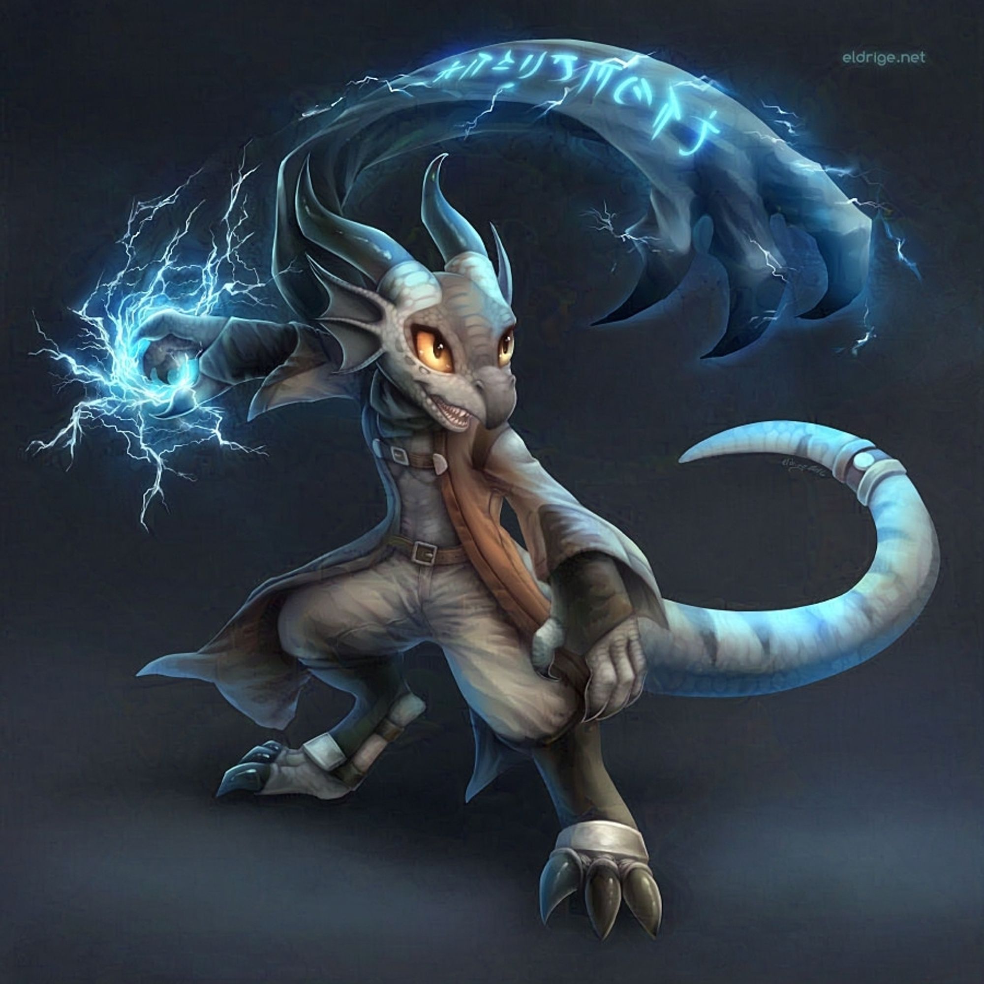 Digital painting by eldrige. It is of a kobold, a diminutive, dragon-like anthropomorphic creature Dungeons & Dragons / Pathfinder. A gray or silver kobold with amber eyes stands in a combat pose. His far hand wields crackling bolts of lightning, while an animate, dark-blue scarf curves threateningly above its hand, ending in a claw-like pose. The painting is composed of shades of blue.