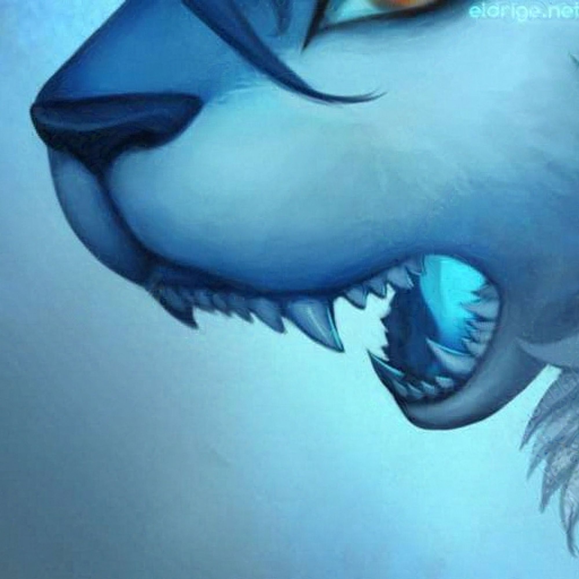 Digital painting by eldrige. A short, canine-like snout is partially cropped in the painting. We see a row of tiny teeth. The creature's fur is a pleasantly blue color.