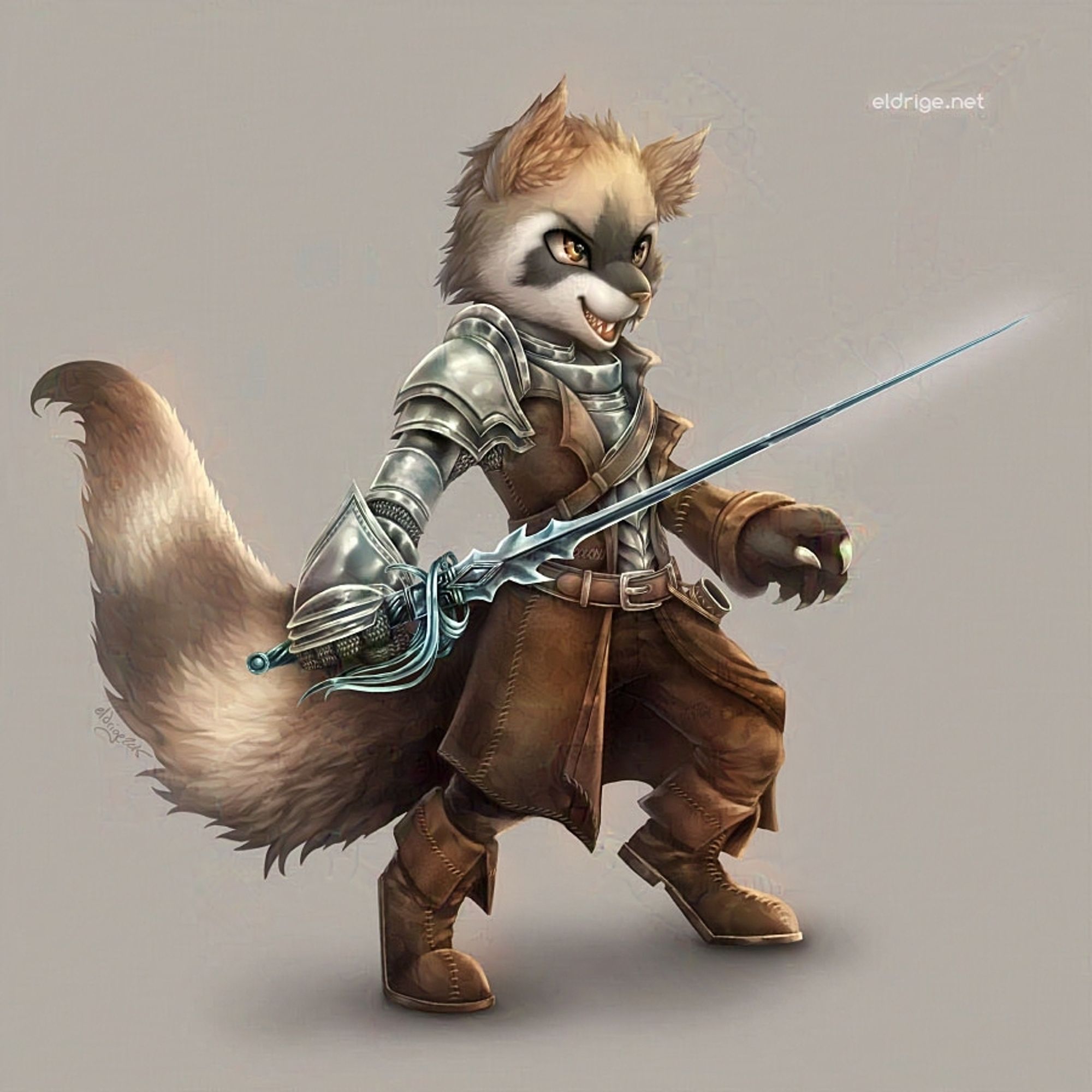 Digital painting by eldrige. The warmly-hued painting depicts an anthro raccoon character with fur in shades of light browns. His chest and one arm is adorned with plate armor, the rest of his outfit comprised of a leather jacket and boots. He has a confident, swashbuckling-like demeanor to him.