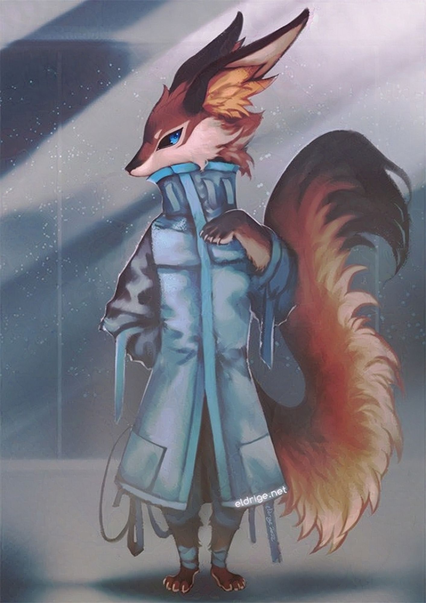 Digital painting by eldrige. eldrige's anthro character of the same name stands wearing a long, oversized, blue coat. His fur his reddish-brown with a light underbelly. His reddish-brown tail is tipped with dark fur, and is the fur on his elongated, vulpine-like ears.