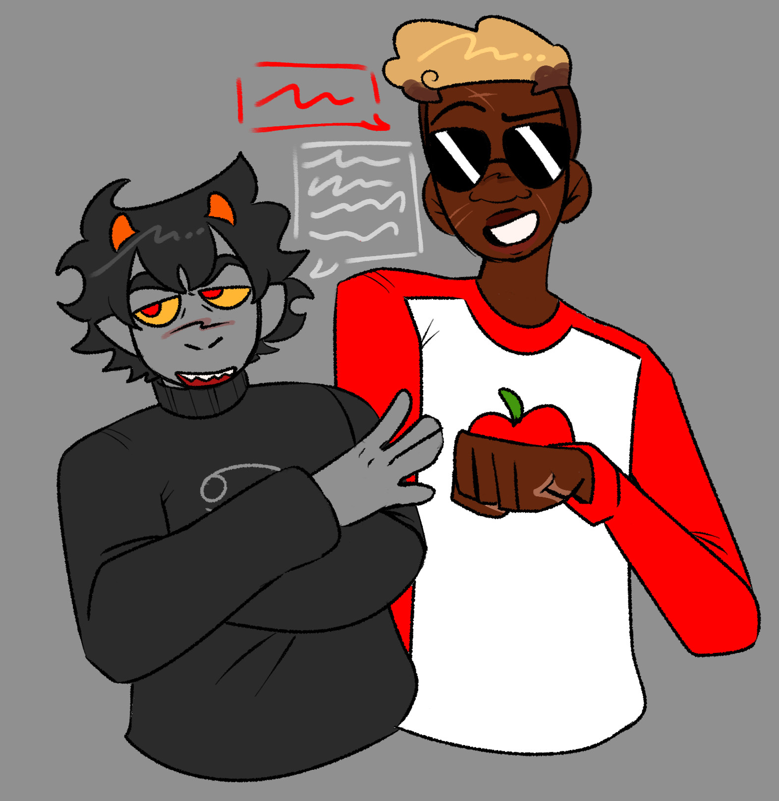 karkat vantas and dave strider from "homestuck" just standing there. dave is trying to go for a fist bump. they're both smiling