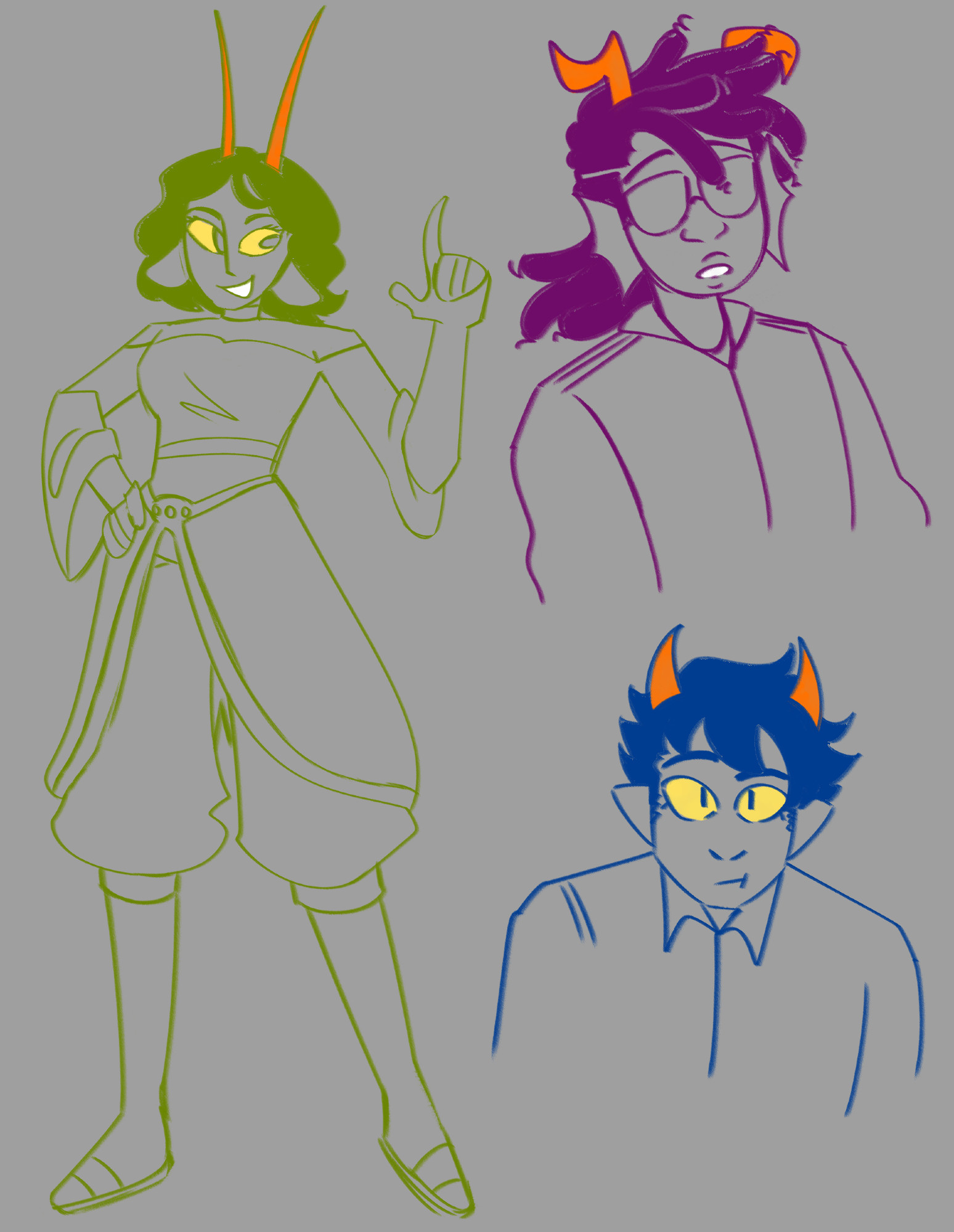 blood color coded fanart of vast error webcomic characters: ellsee raines (fullbody), murrit turkin (bust), and laivan ferroo (bust). their horns are colored orange and sclera yellow