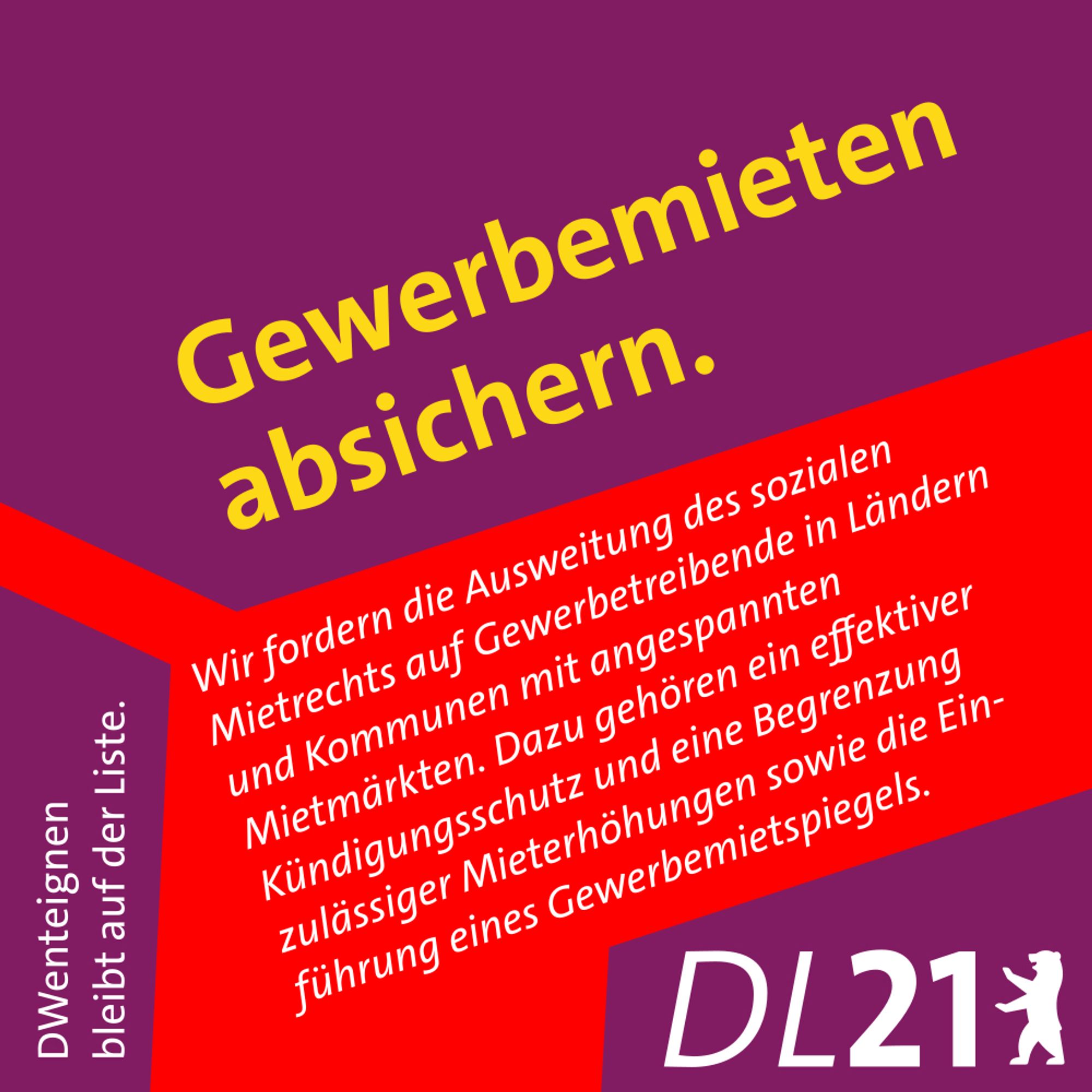 Textkachel der DL21 Berlin:
Gewerbemieten absichern.
Wir fordern die Ausweitung des sozialen Mietrechts auf Gewerbetreibende in Ländern und Kommunen mit angespannten Mietmärkten. Dazu gehören ein effektiver Kündigungsschutz und eine Begrenzung zulässiger Mieterhöhungen sowie die Einführung eines Gewerbemietspiegels.
DWenteignen bleibt auf der Liste.