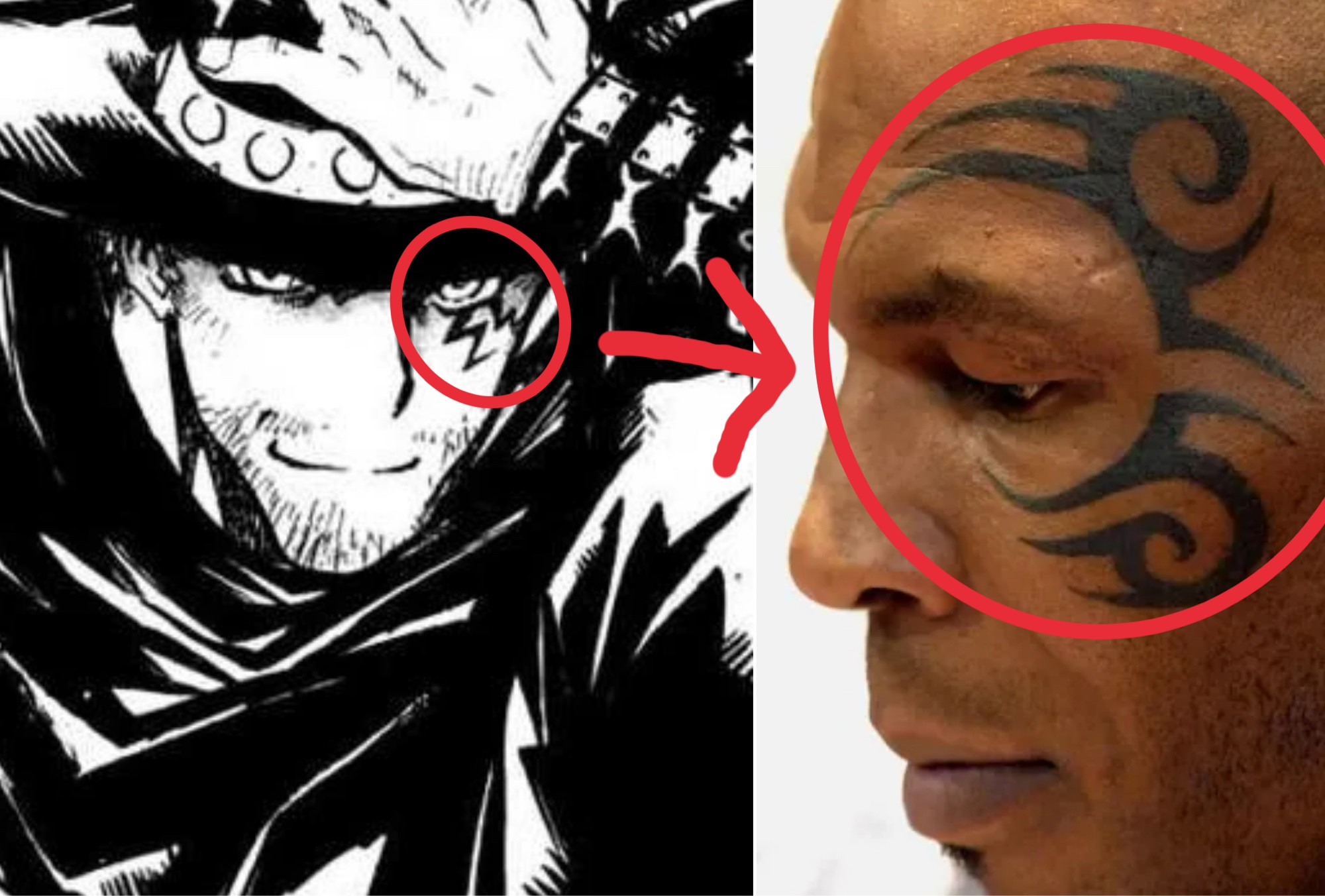 Livio from Trigun on the left. There’s a circle drawn around the tattoo on his face with an arrow heading toward the right where there’s a picture of Mike Tyson. The arrow points to a circle around the tattoo on his face.