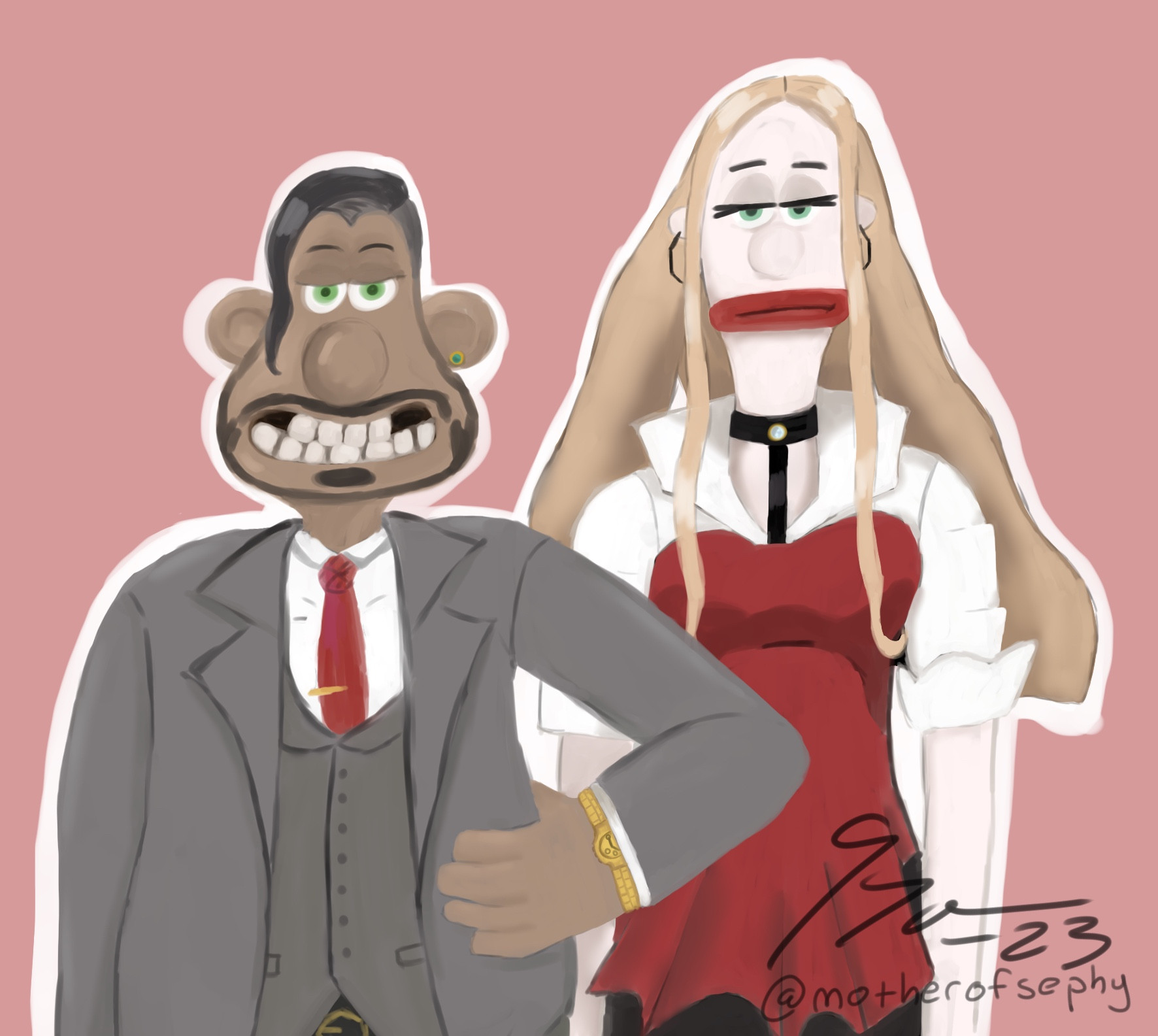 Chairman Rose and Oleana drawn in the style if Wallace and Gromit.