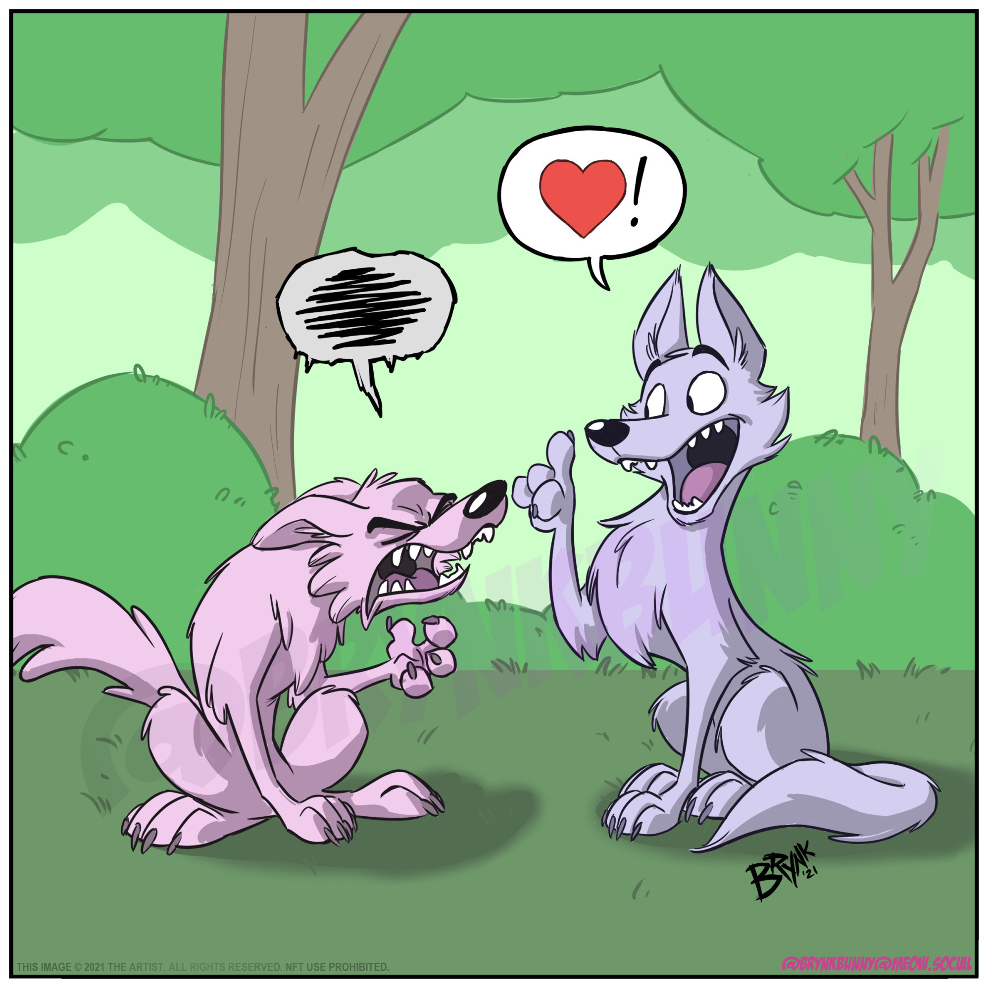 A scene of the 2 wolves from "Awoo!"  Kevin is looking happy and expressing love, Pink is looking angry and grumbly.