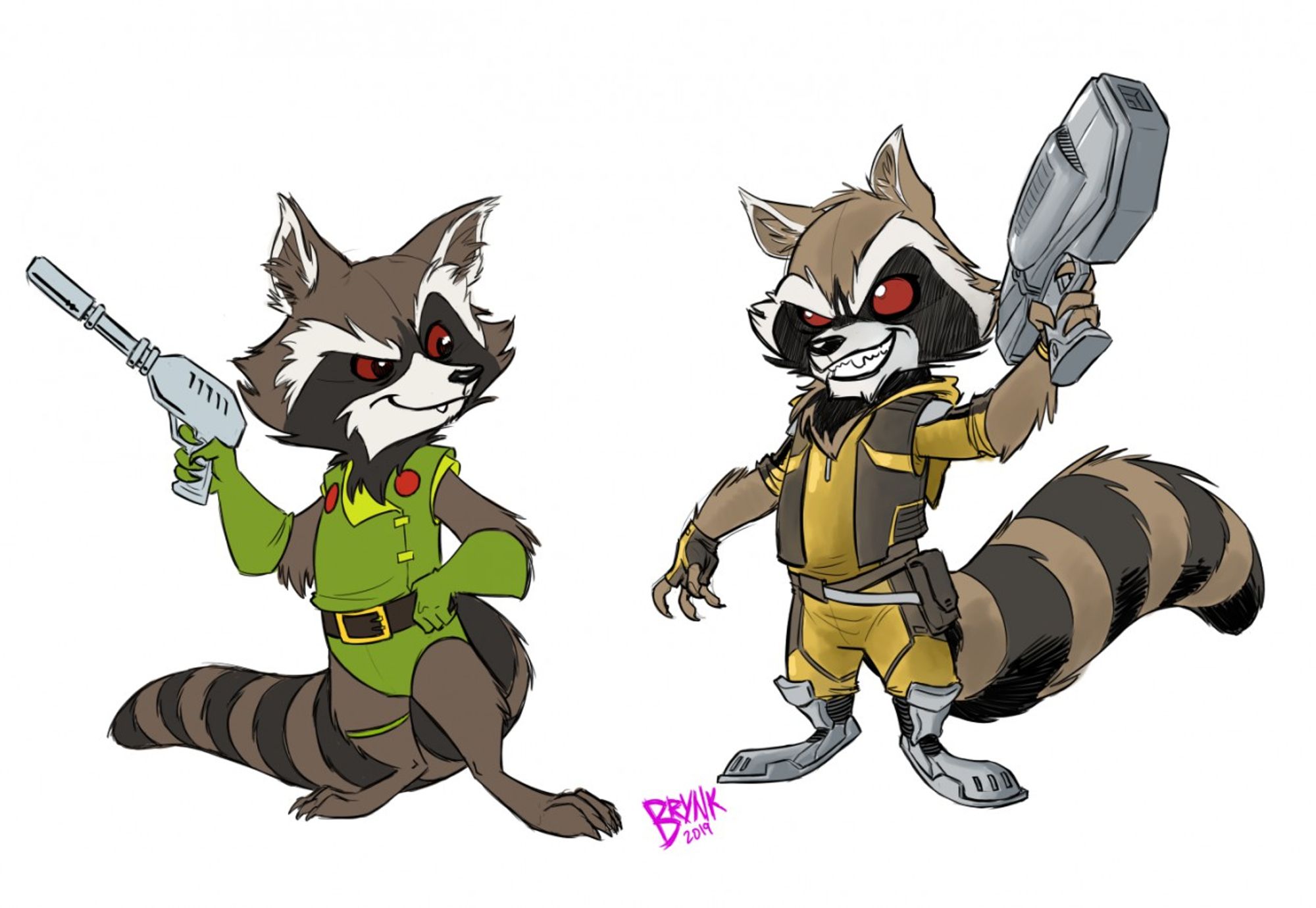 2 drawings of rocket raccoon in different outfits and styles