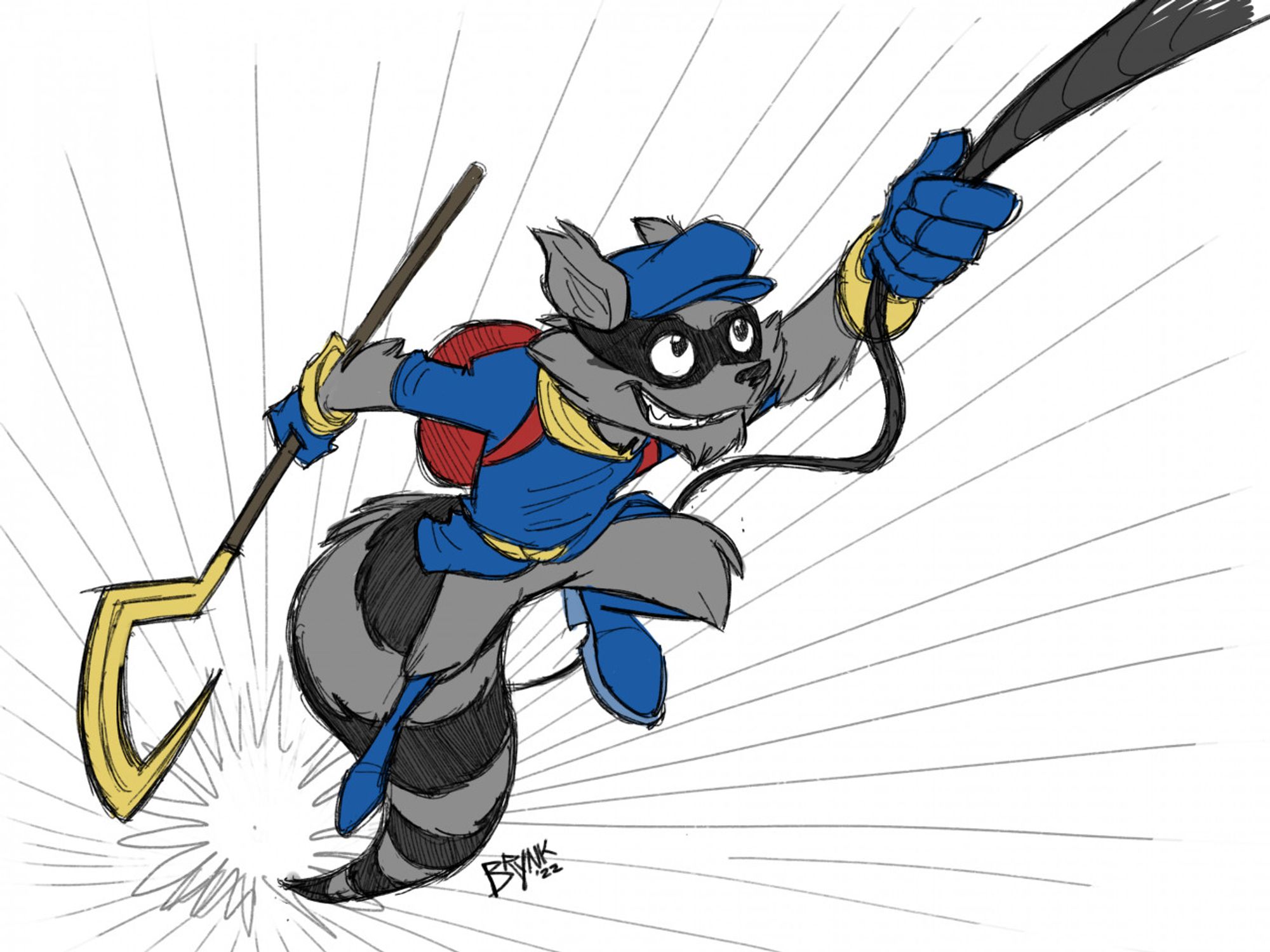 Sly Cooper ascending quickly up toward the viewer on a rope