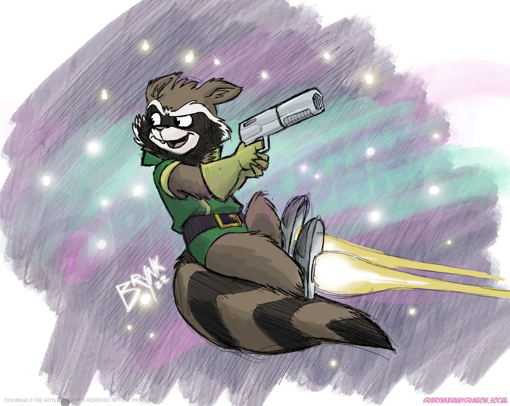 Rocket Raccoon rocketing along looking back over his shoulder