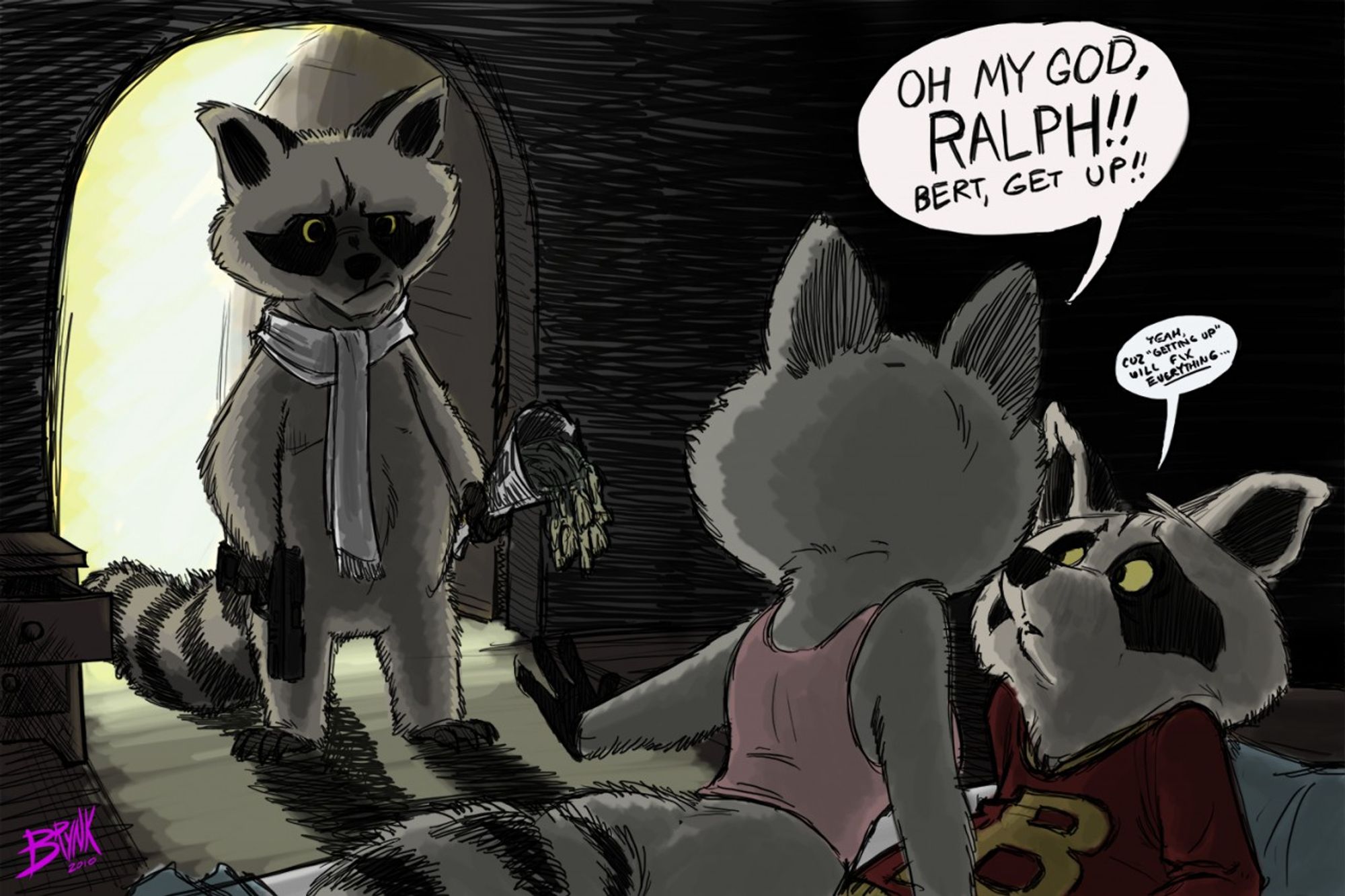 Ralph Raccoon walks in on Bert and Melissa in an awkward position  (From the animated series "The Raccoons")