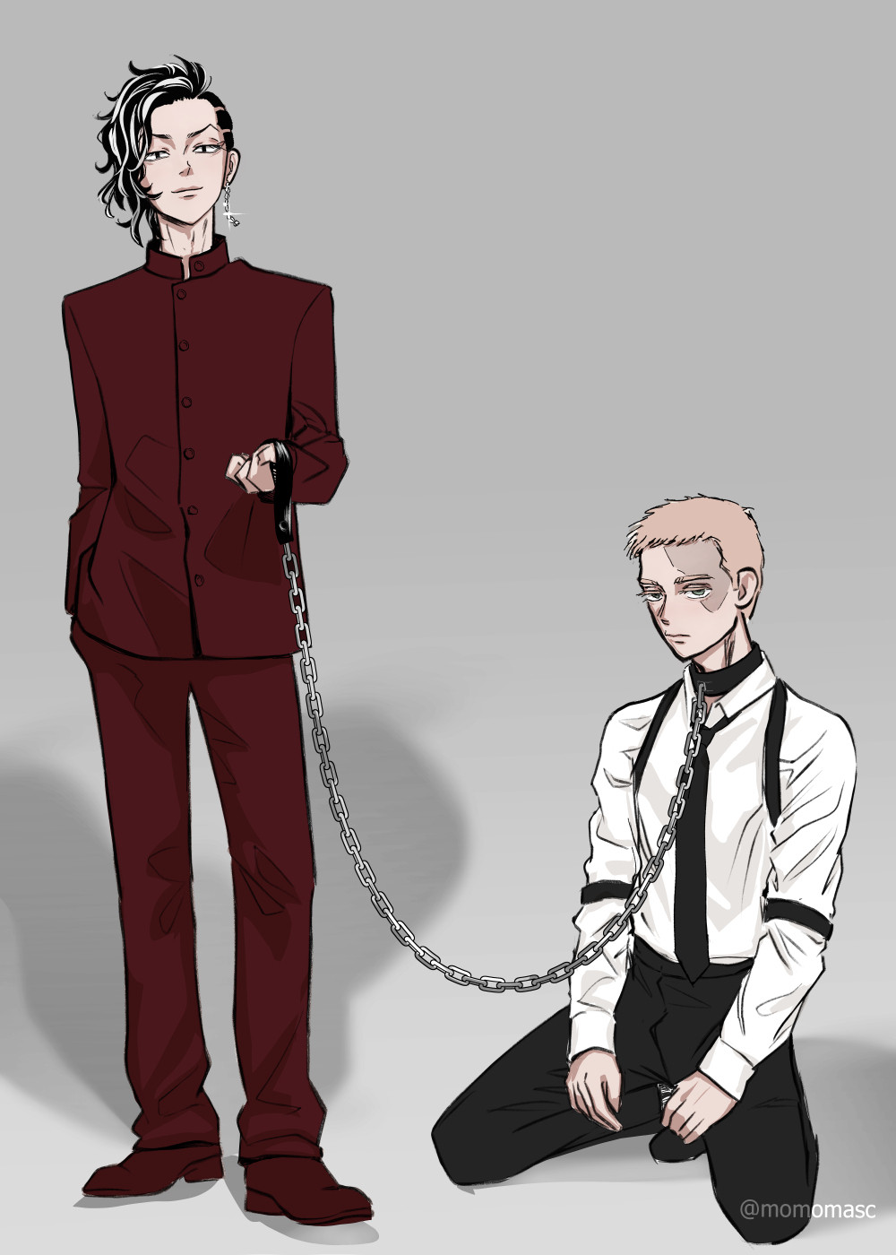 The image depicts two Tokyo Revengers characters, Hajime Kokonui and Seishu Inupi. Koko is standing holding a leash attached to a collar on Inupi's neck and Inupi is kneeling on the ground