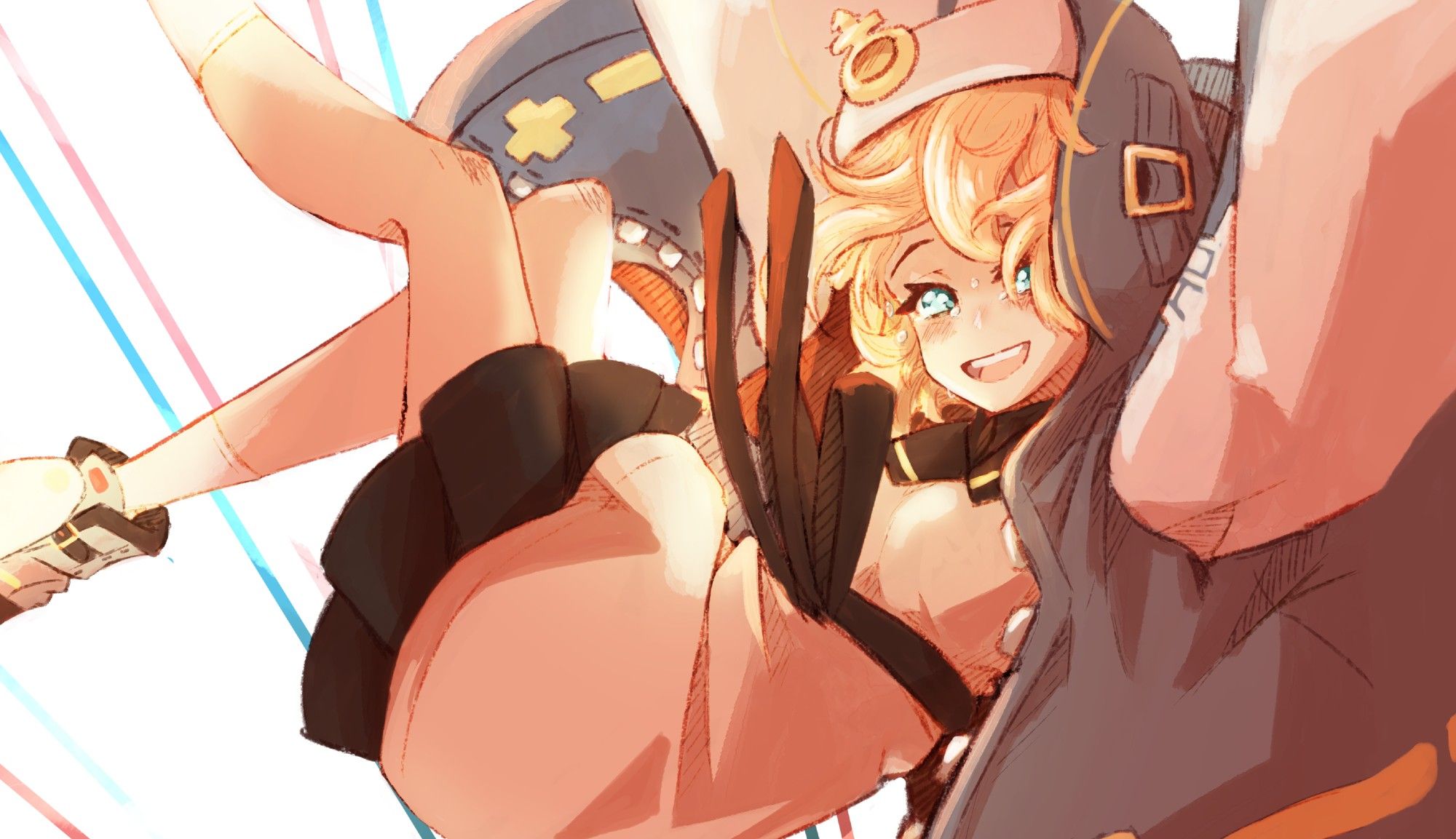 Bridget from Guilty Gear, she is in the process of falling down, but she has a happy, grateful expression, she has tears of joy on her face as she looks at the camera.