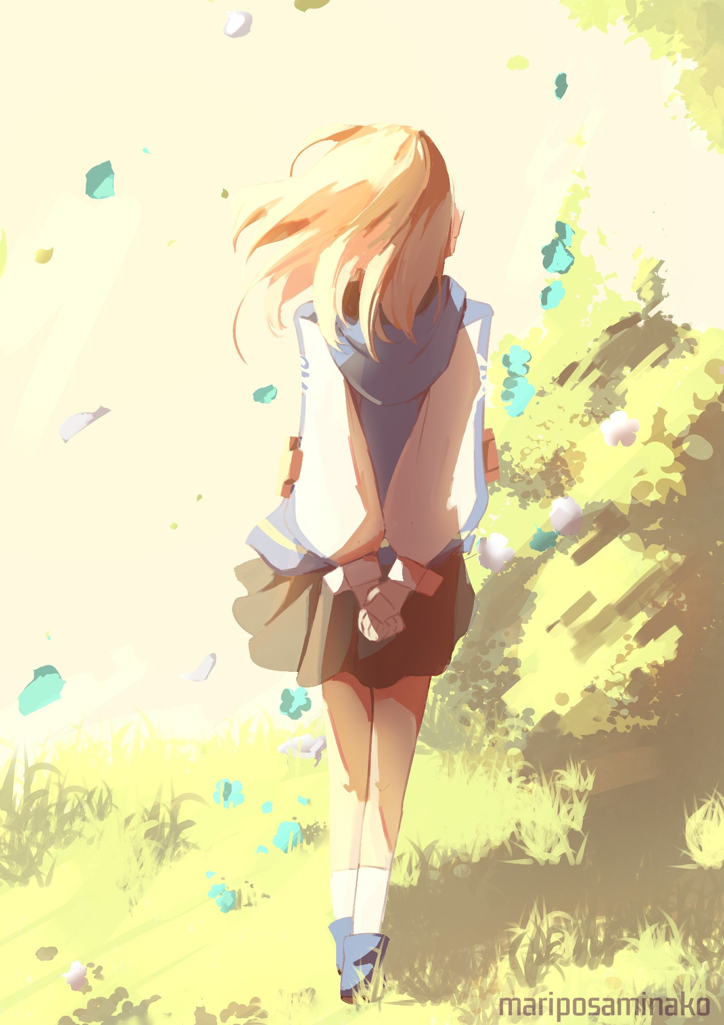 Bridget from Guilty Gear, she has her back turned towards the camera, and is walking on a grassy field, she is looking off to the side in a contemplating mood, many flower petals are blowing in the wind.