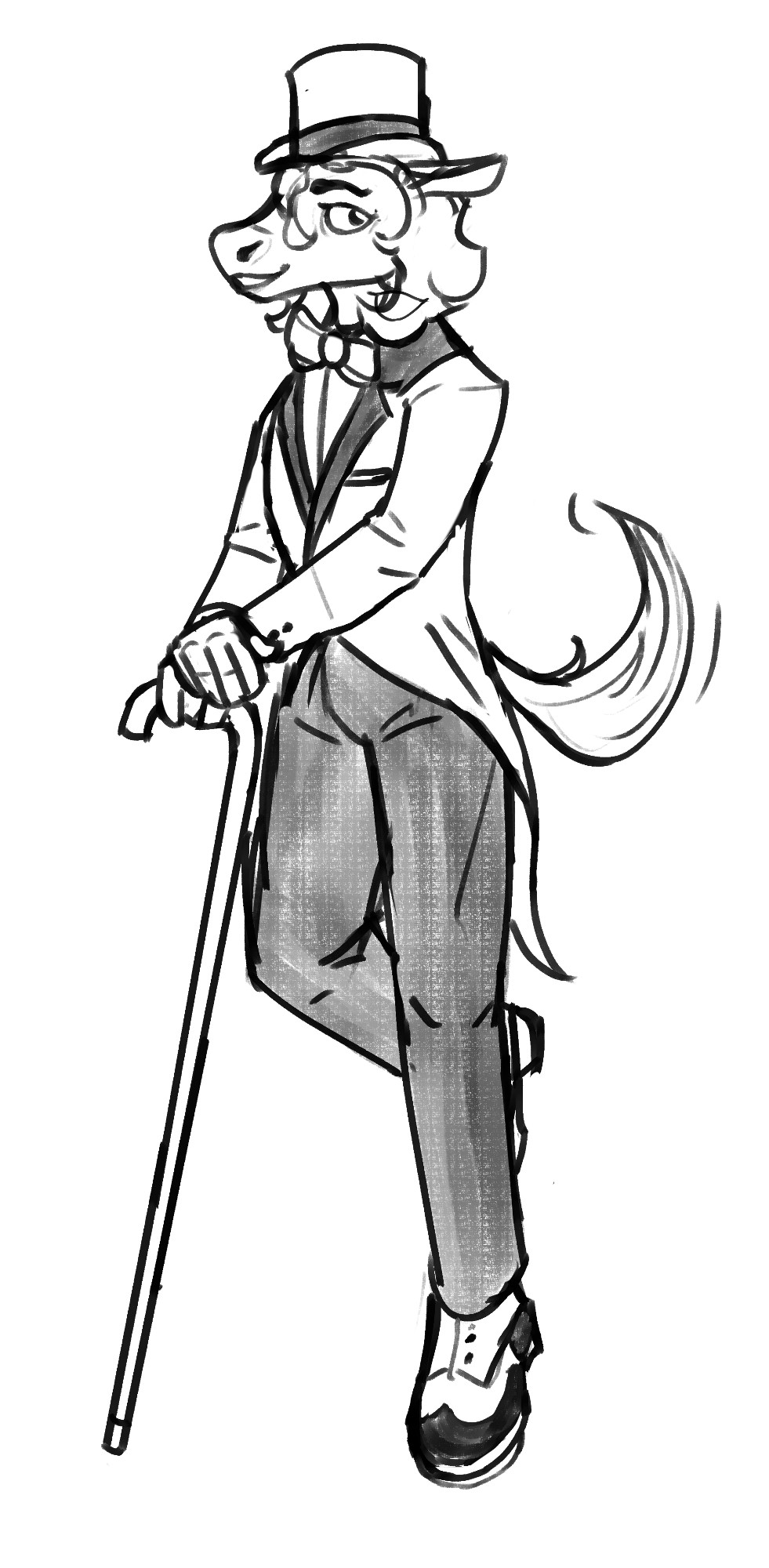 A black and white digital drawing of an anthropomorphic horse, dressed in a tuxedo, holding a cane, and wearing tap shoes.