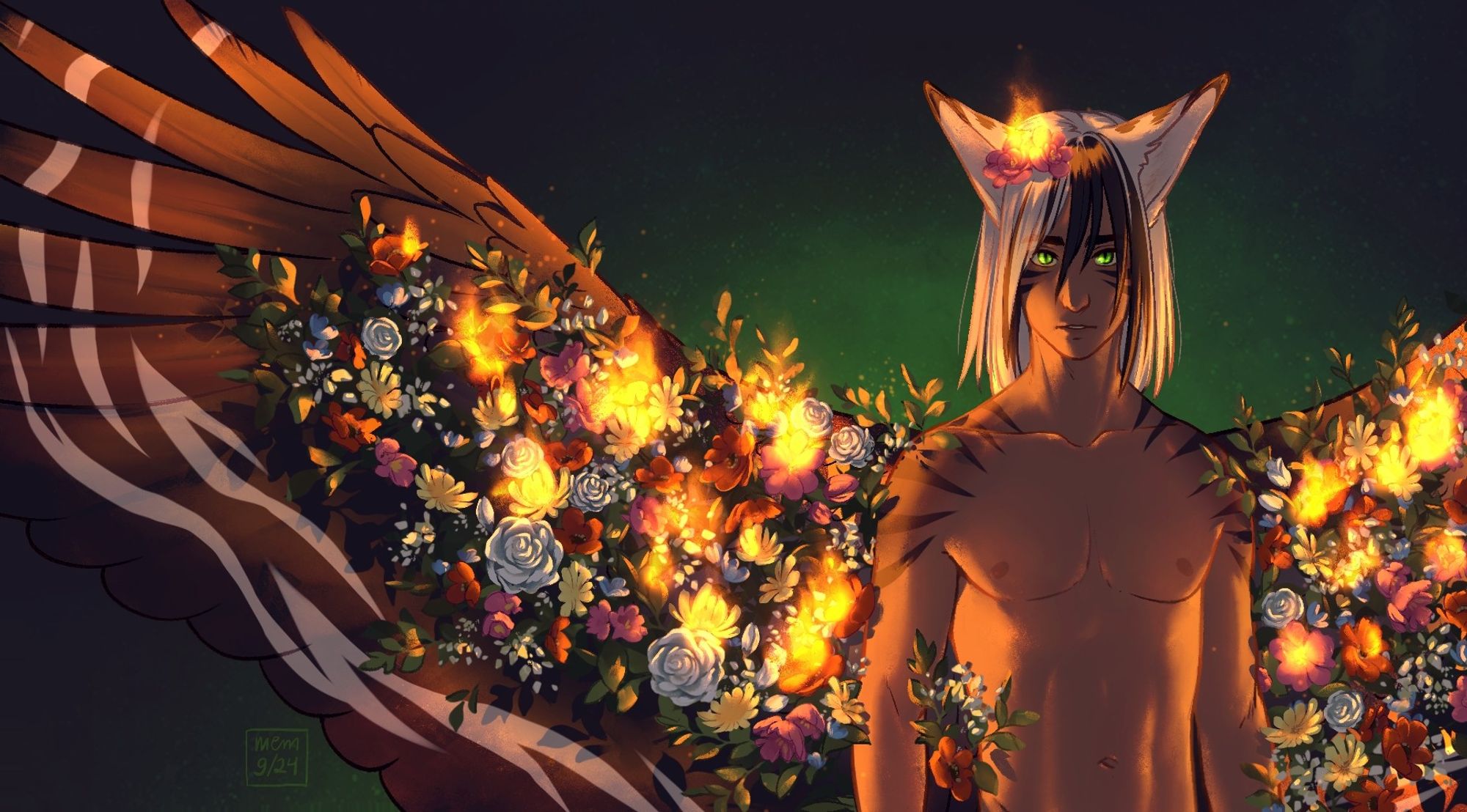 Drawing of a shirtless man with cat ears and wings, standing in dramatic lighting as his wings are covered in burning flowers.