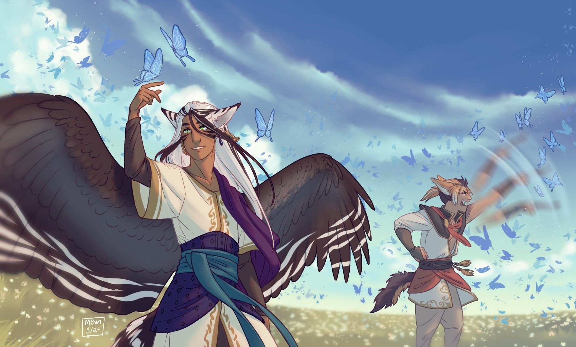 Drawing of two characters on a field with lots of blue butterflies. Character closer is peacefully reaching for some butterflies and one is about to land on his hand. The character on the background looks less peaceful; he's frantically swaying a dagger at the sky, trying to shoo the damn flying bugs away.