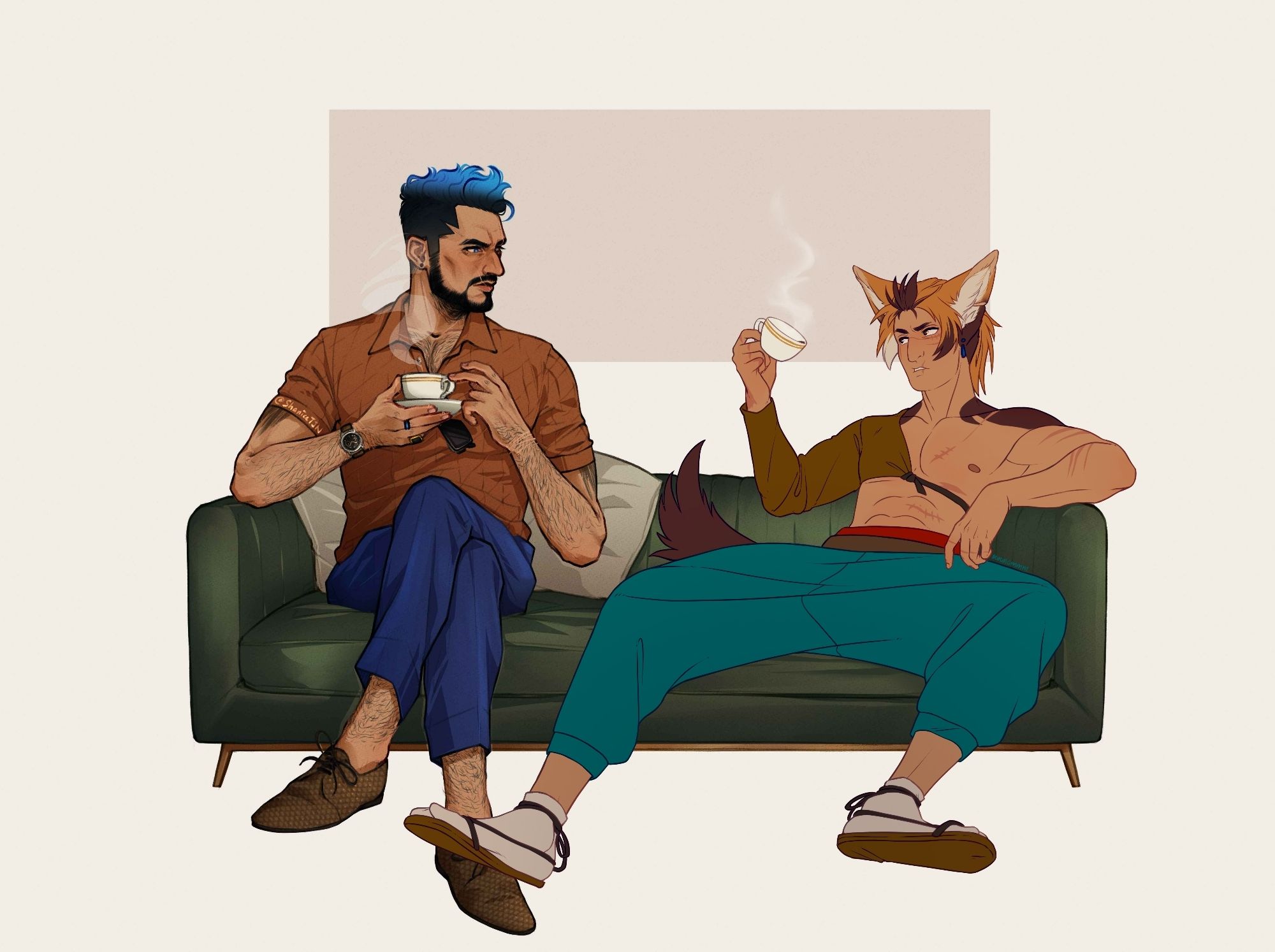 Drawing with two characters having a peaceful tea moment together. The man on the left and the sofa are drawn by @shanicetjn, he sits stylishly cross-legged and holds his teacup while looking at the other character. That character, drawn by me, is a much less stylish kemonomimi man who's lounging and man-spreading like the king of the world.