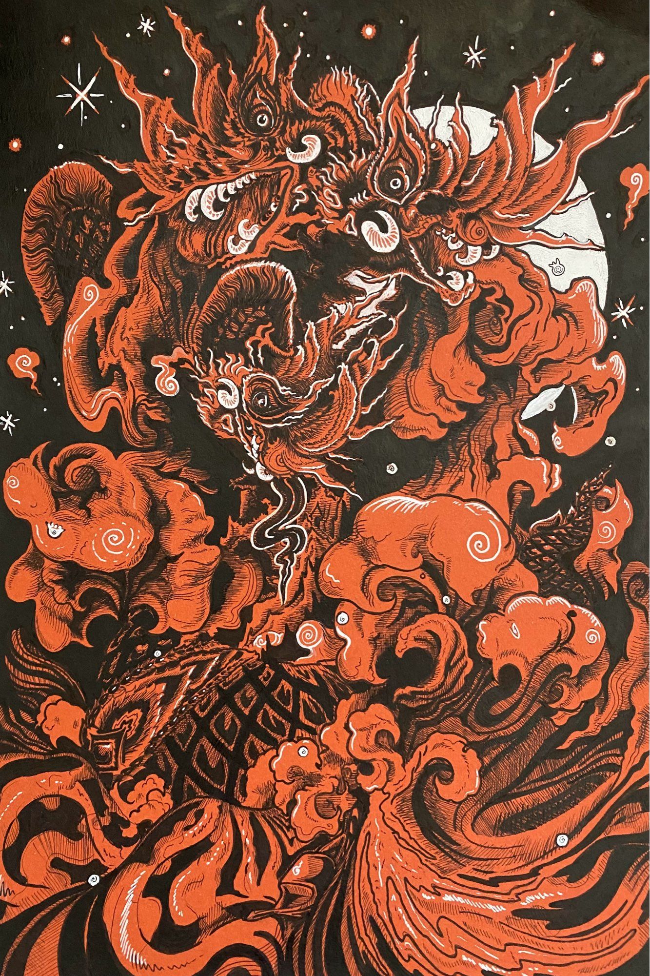 Illustration on orange paper of a three headed sea Naga against a black sky with stars. Waves fuel around the body of the naga and a boat can be seen. Ink and white gouache with hatch shading