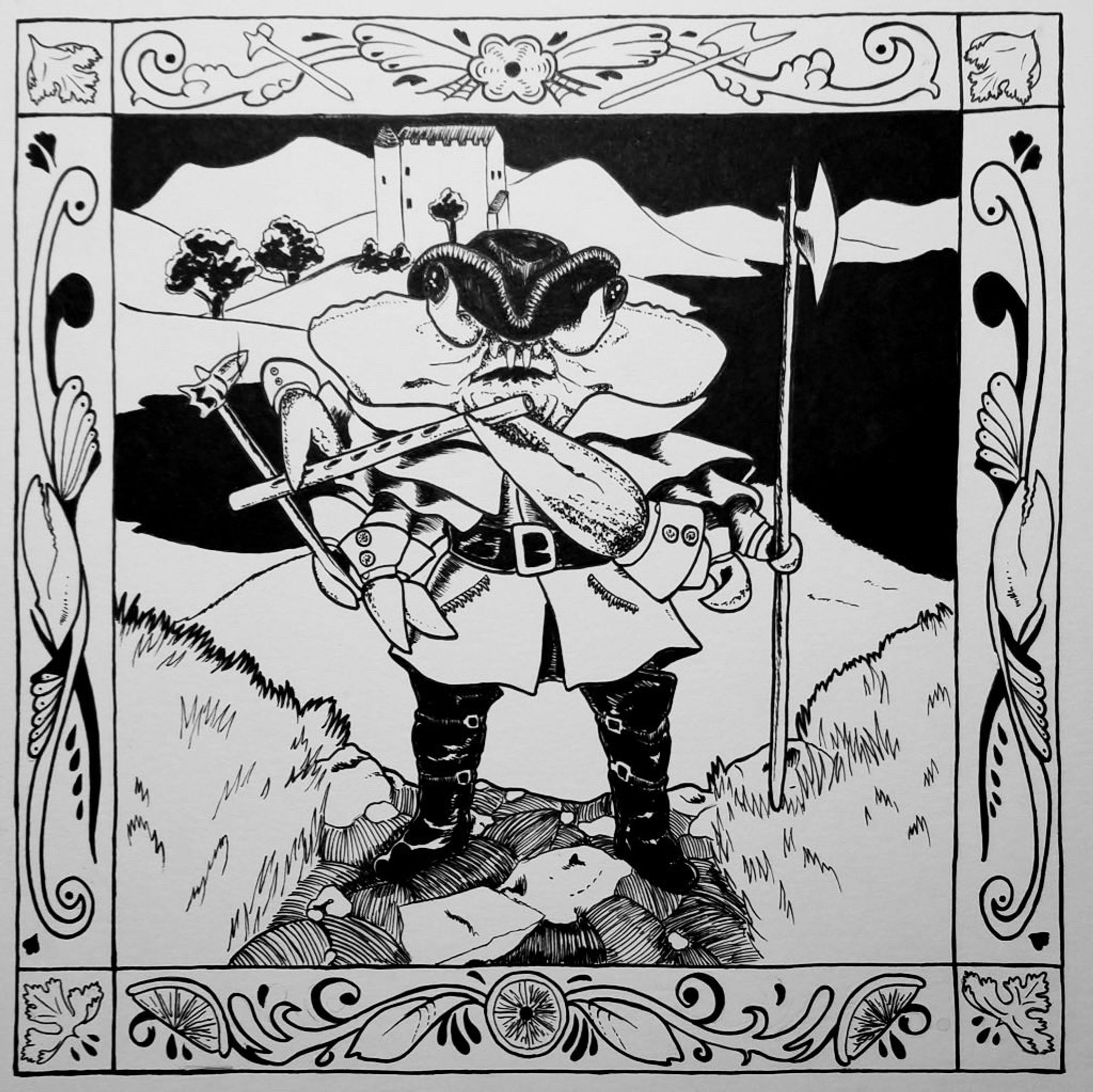 Illustration in black and white of an anthropomorphic crab in a cap playing the flute and wielding both a polearm and war hammer. Behind her can be seen a bay and a small castle & she is framed by filigree, lemon slices and parsley. Hatchshading/dot work