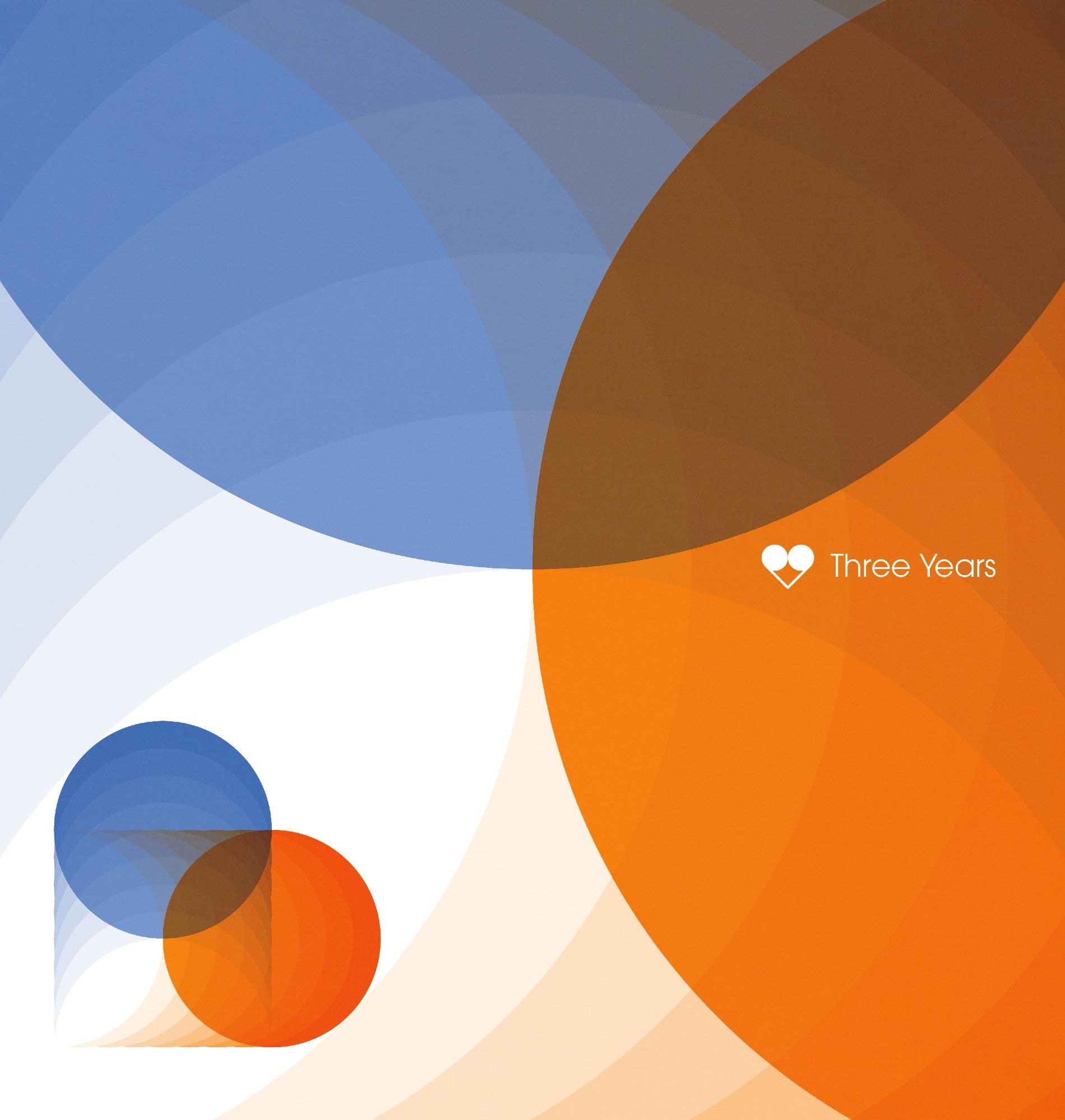 front cover for a photo album I created. the front includes circles tinted in blue and orange, and overlapping to form a heart. the right reads "three years" with a white vector of a heart; simplifying the images on the bottom left.