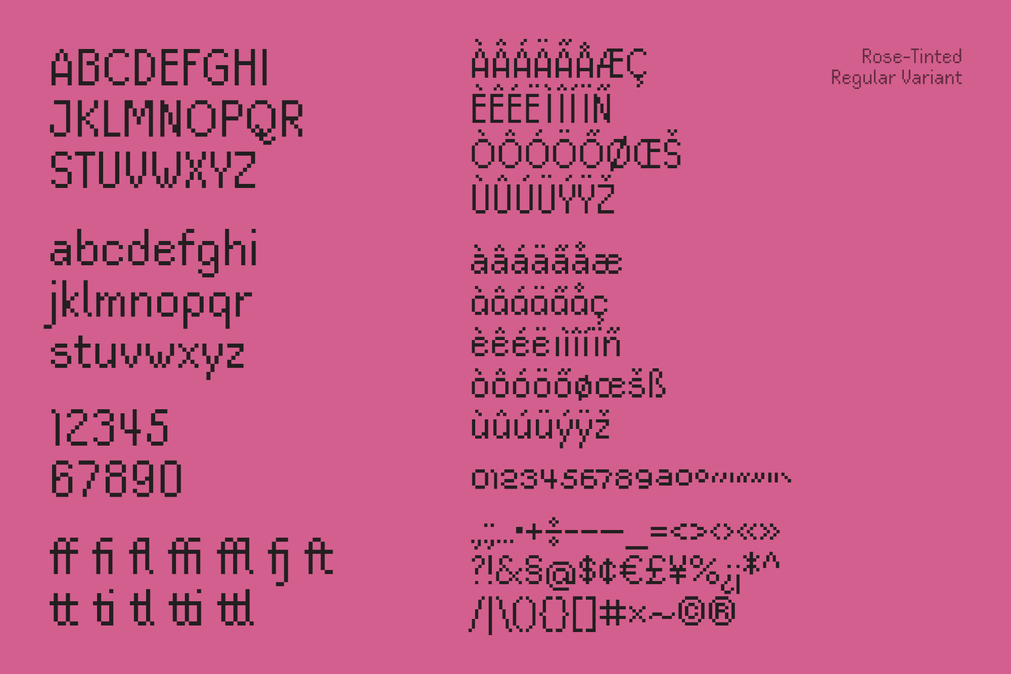 Type display which presents all of the characters in 'Rose-Tinted Regular' over a pink background.