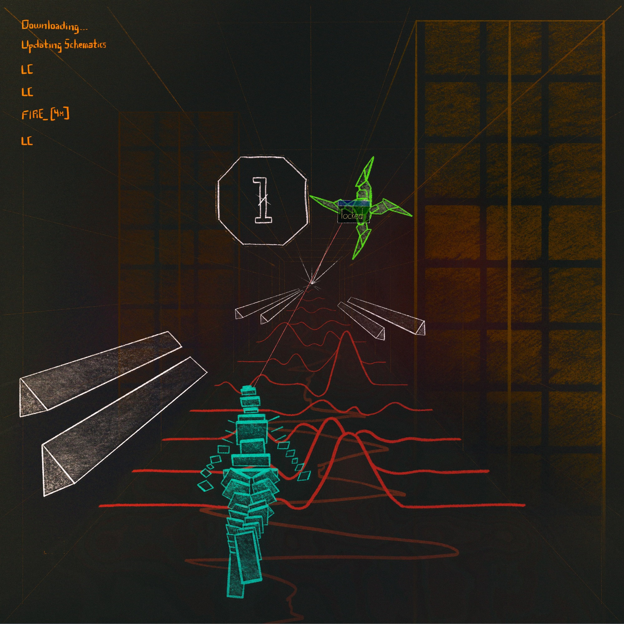 illustration based on area 1 from the game rez (2001). wireframe character locking onto an enemy. (neon orange, cyan, neon green, and red over black background)