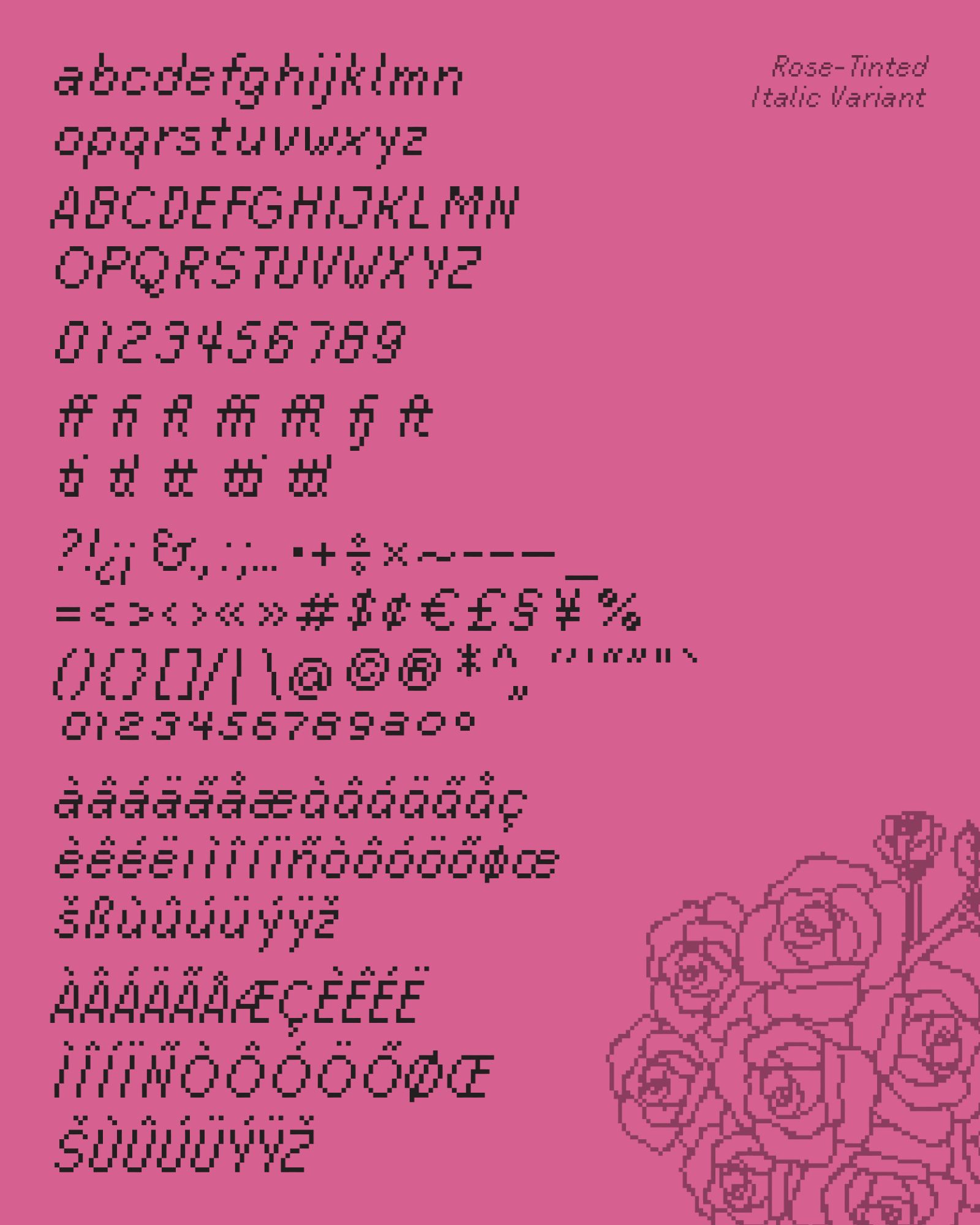 pink display featuring glyphs in my typeface 'rose-tinted', which I published in september of 2024.