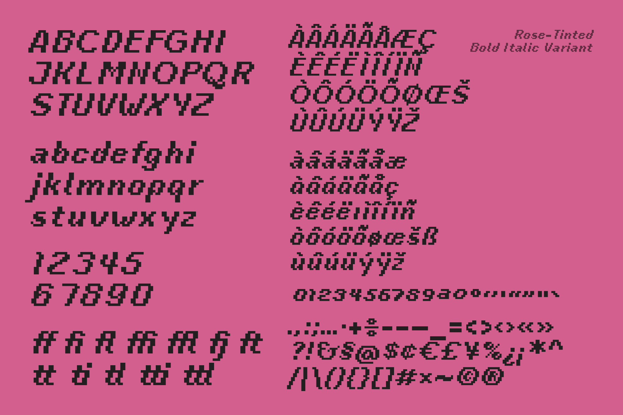 Type display which presents all of the characters in 'Rose-Tinted Bold Italic' over a pink background.