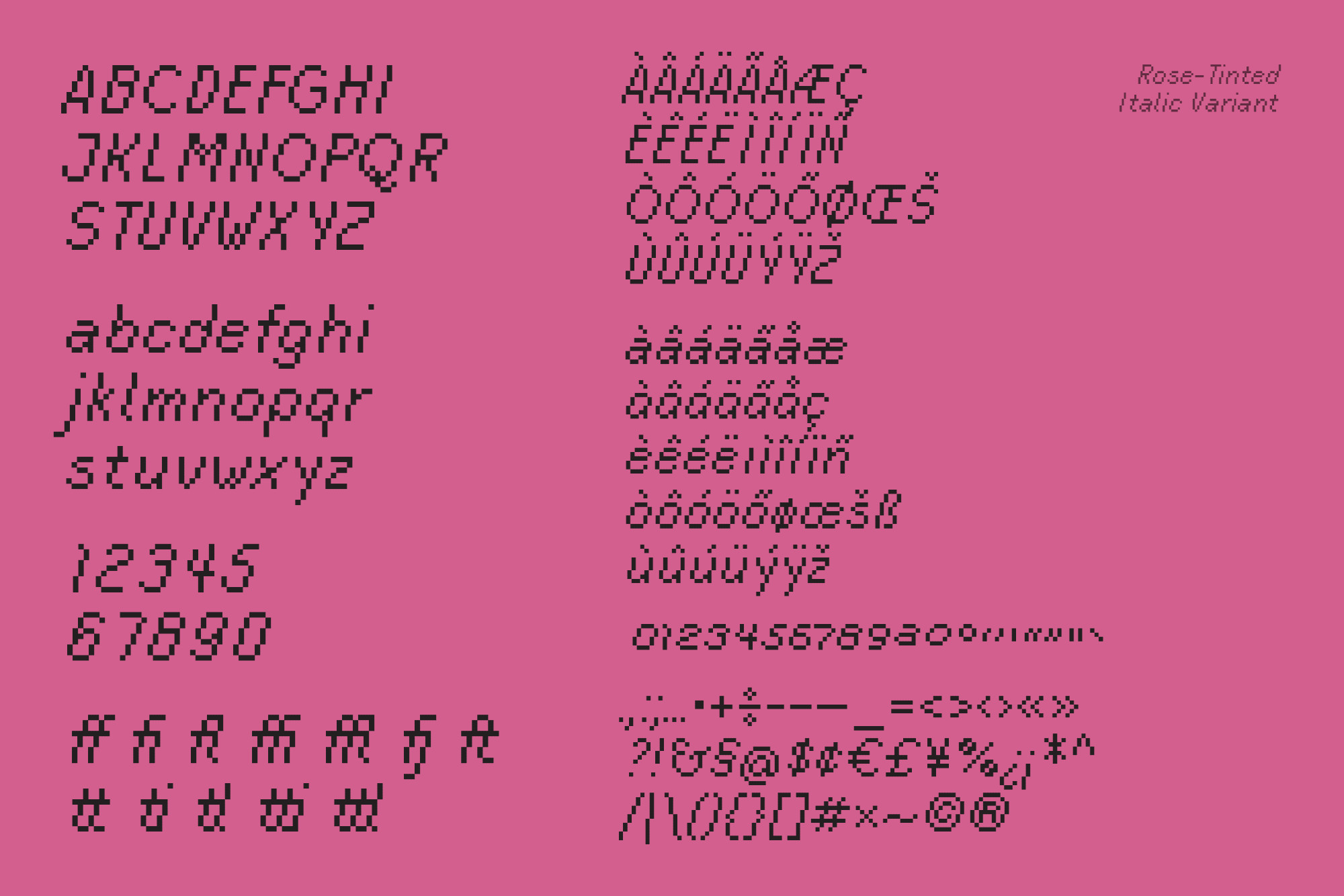 Type display which presents all of the characters in 'Rose-Tinted Italic' over a pink background.