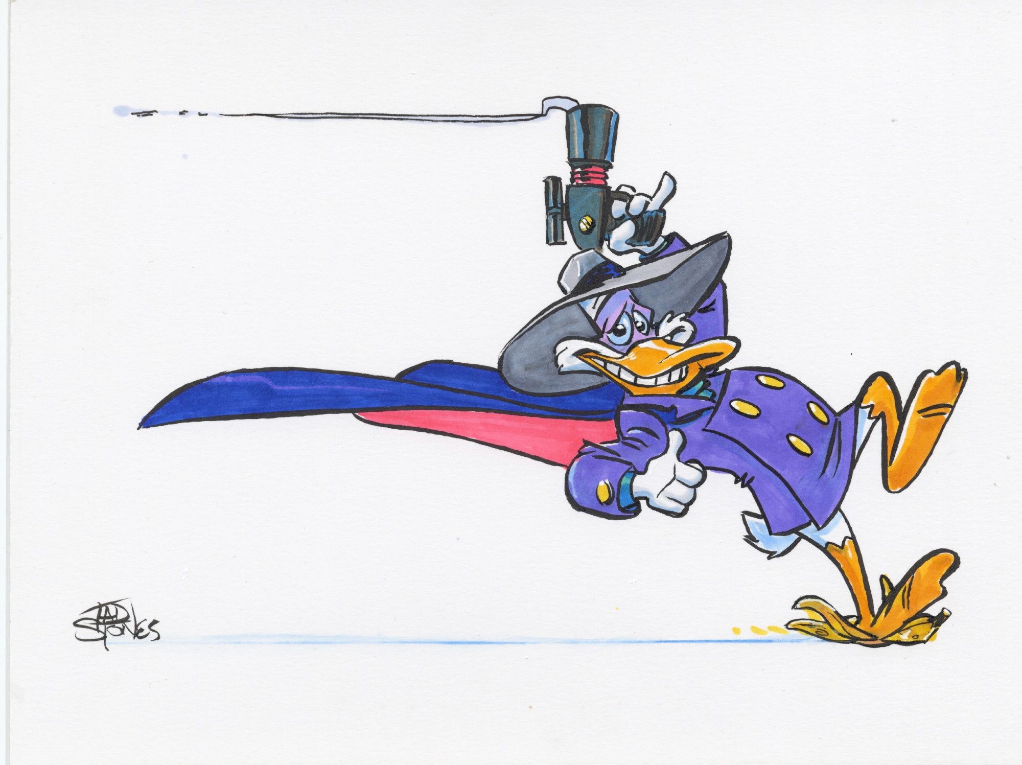 Darkwing Duck slipping on a banana peel.