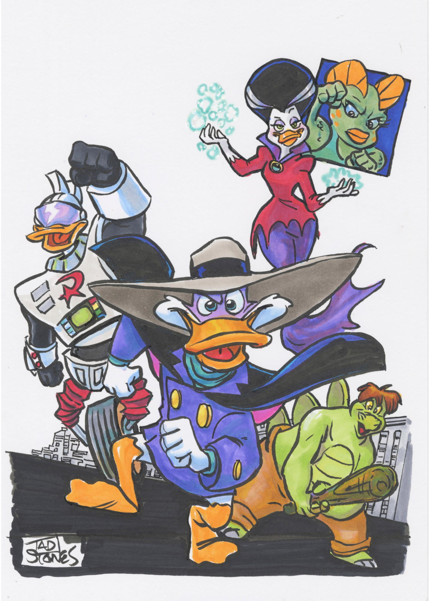 A parody of Avengers #4 but instead of the Avengers it's the Justice Ducks from the Darkwing Duck television series and comic books. Darkwing in the front charging camera, followed by Gizmoduck, then Stegmutt holding a club. the sorceress Morgana Macawber floating behind them, and a square inset of the amphibious Neptunia.