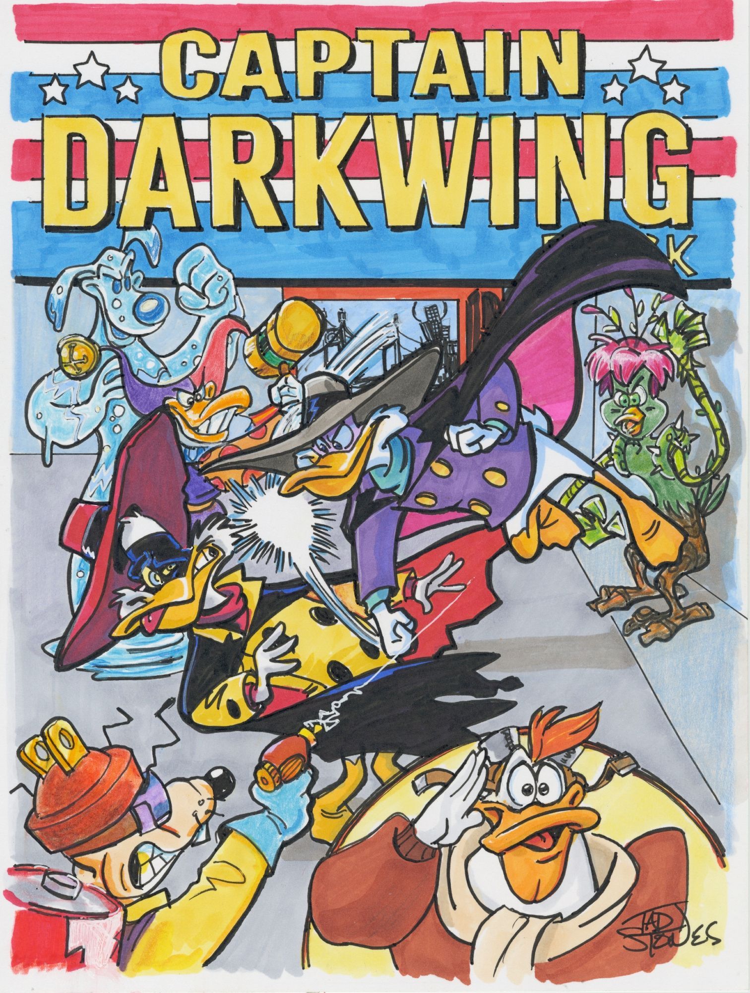 Parody cover of the first appearance of Captain America but with Darkwing Duck slugging his arch nemesis, NegaDuck, instead of Captain America slugging Hitler.