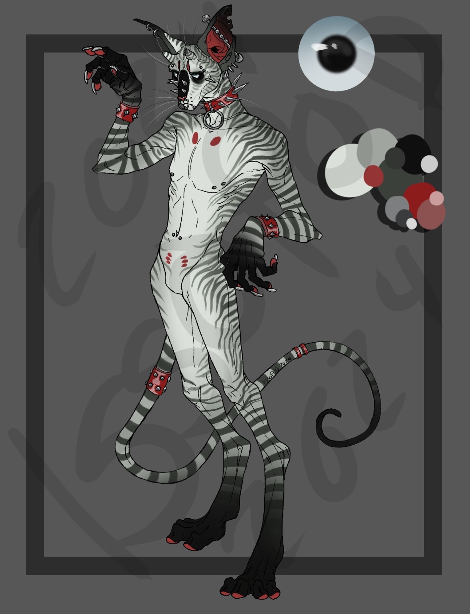 A digital illustration of an anthro hairless cat character. They have red accents and accessories.