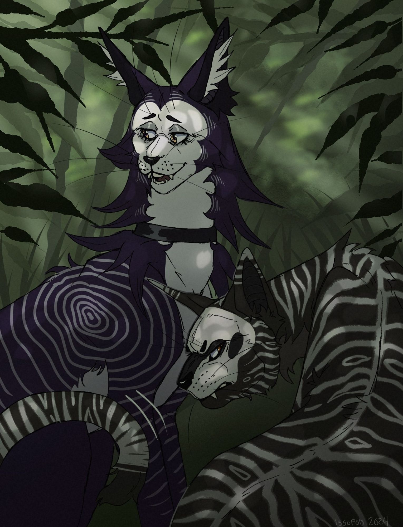 A digital illustration of 2 feral cat characters, having a conversation in the forest.