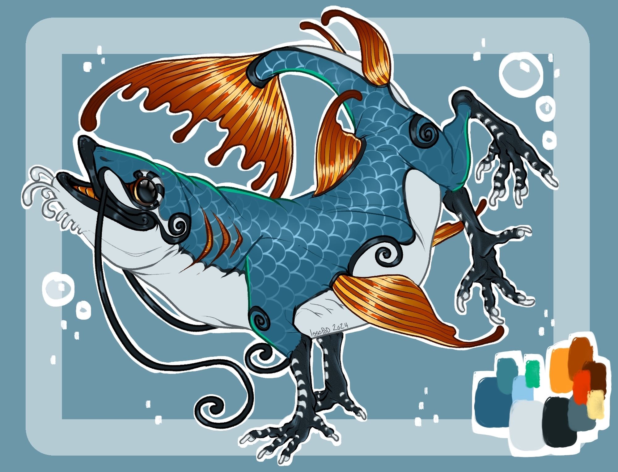 A digital illustration of a fish with four legs. His scales are blue, white, orange, and black. He has many fins and frills, including 2 long whiskers. He is in an energetic pose, lifting his hind legs in the air and holding his tail over his head.