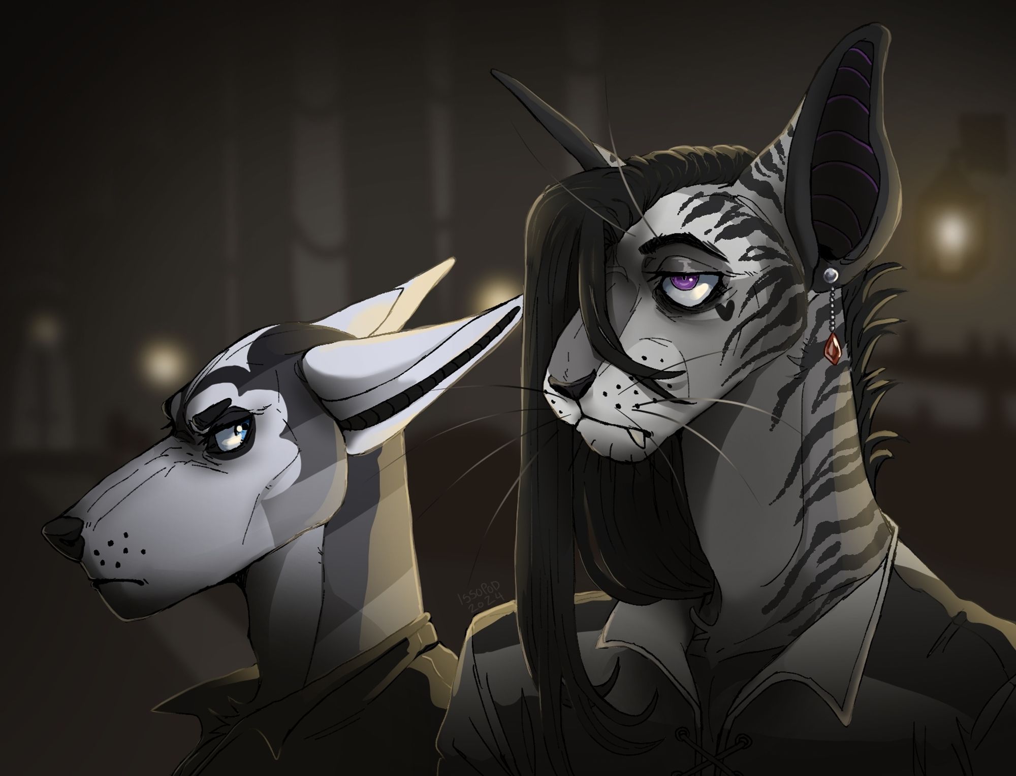 A digital illustration of 2 anthro characters, a dog and a cat, in a dimly lit room