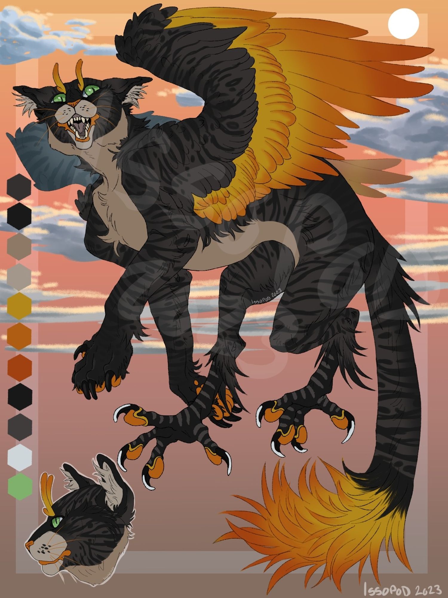 A digital illustration of a feral cat creature. They have bright orange wings and bird talons on their back feet.