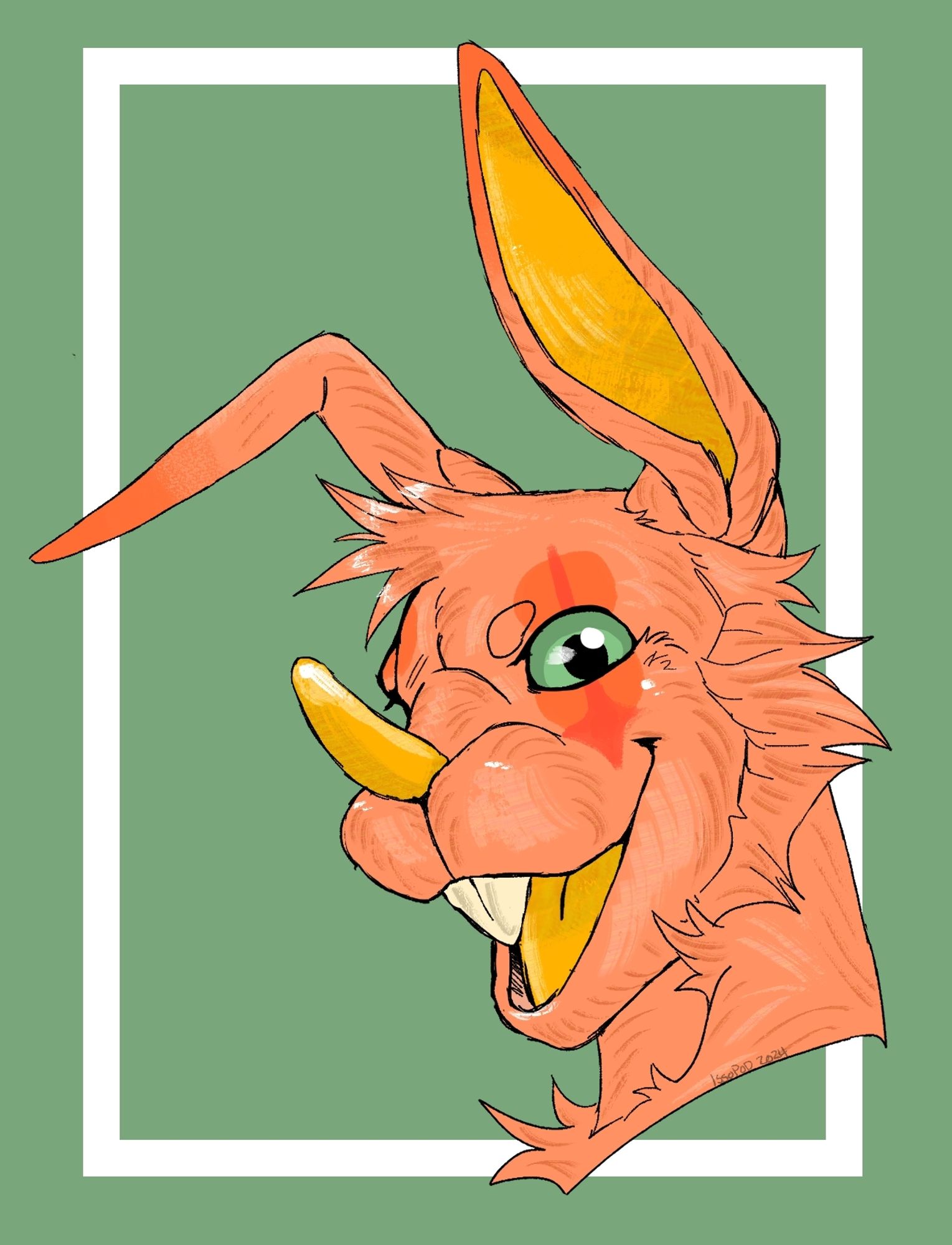 A digital illustration of an anthro animal. They are orange with yellow inner ears, nose, and tongue. They also have green eyes. They are smiling with their mouth open.