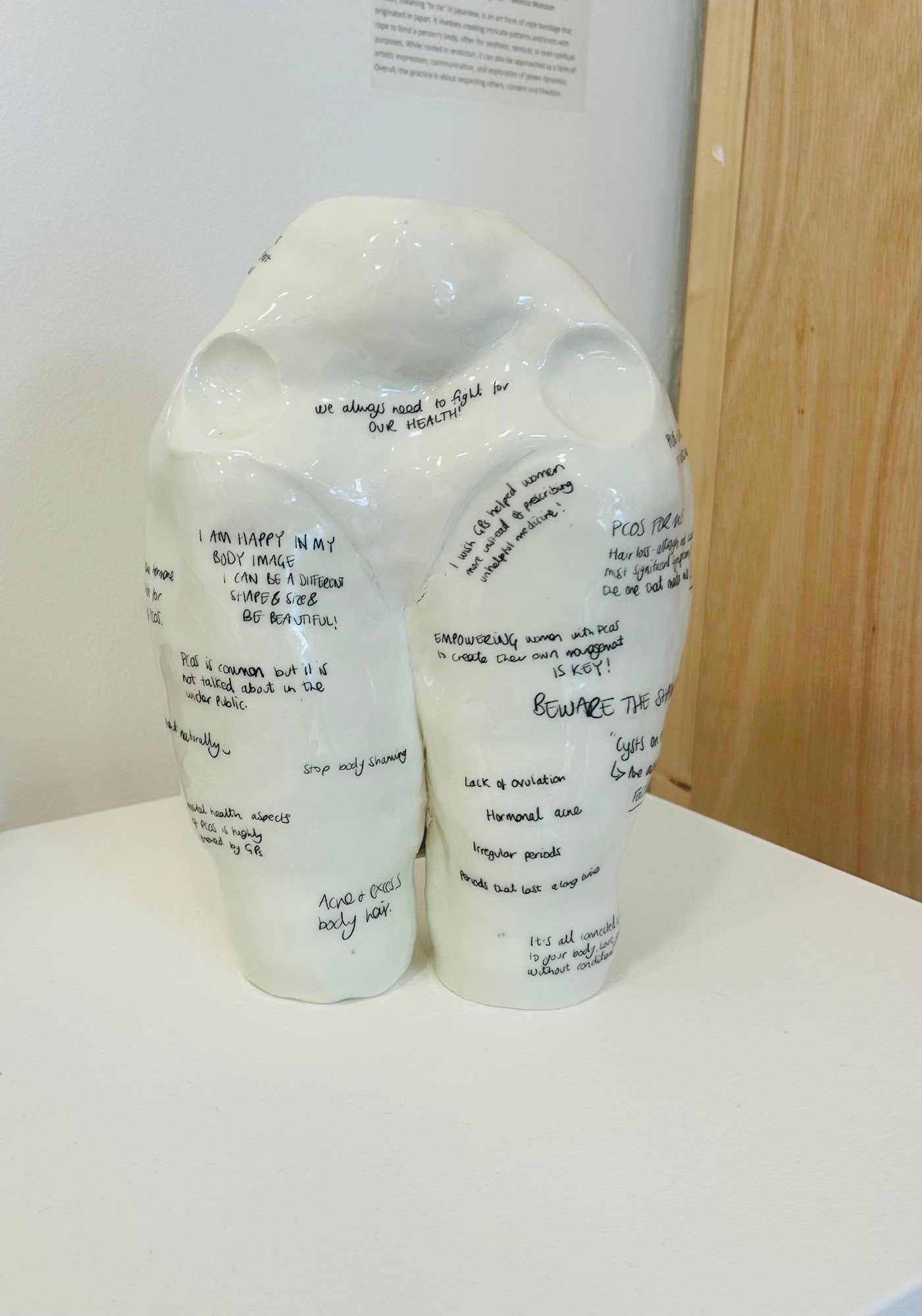 ceramic piece of a pelvis and legs. it’s covered in writing detailing the artists experience with PCOS