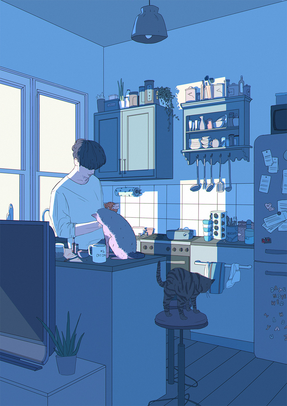 a digital illustration of a person standing in their kitchen. there's two cats about. the overall image is shades of blue with white lighting
